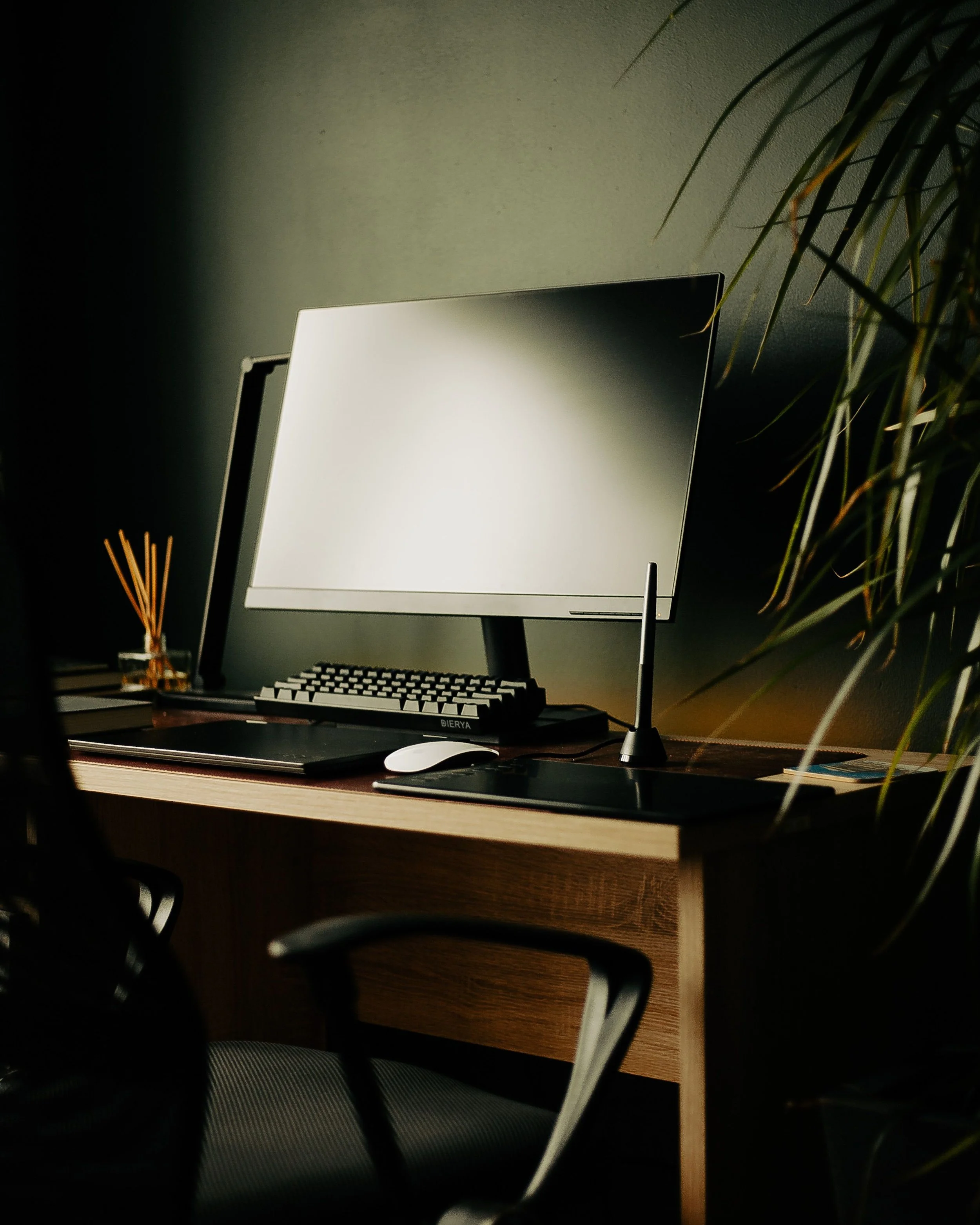 A computer monitor, keyboard, mouse, and a pen on a wooden desk with a plant on the right side, illuminated by a lamp in a dimly lit room.