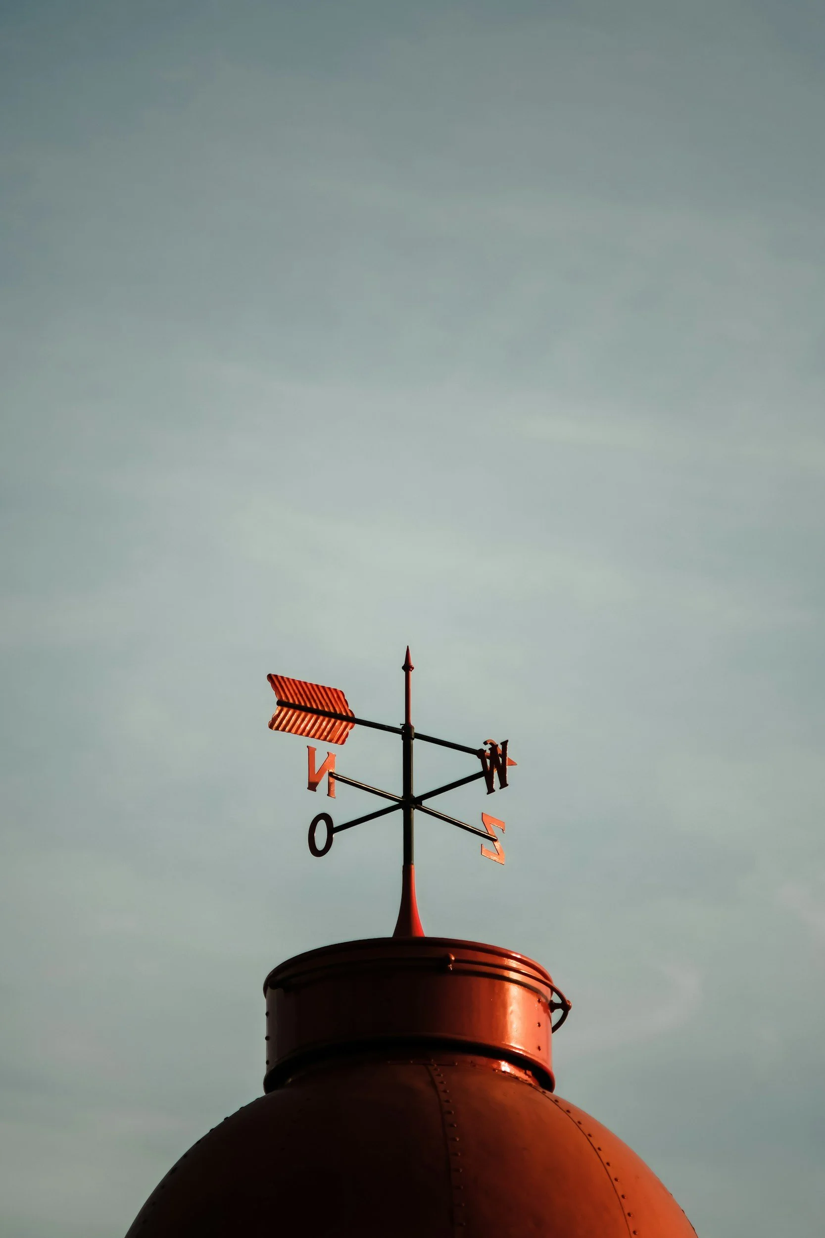 A weather vane with directions, mounted on top of a domed building, against a cloudy sky.