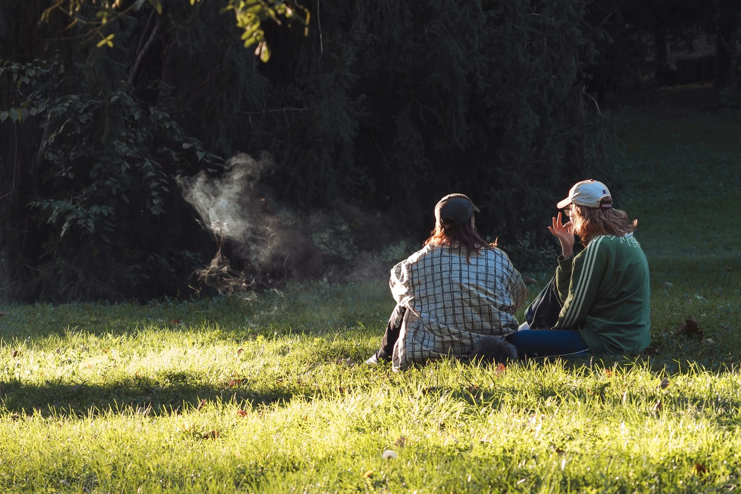 Two girls sitting on grass near bushes, wearing hats, engaging in conversation, with sunlight illuminating the scene.