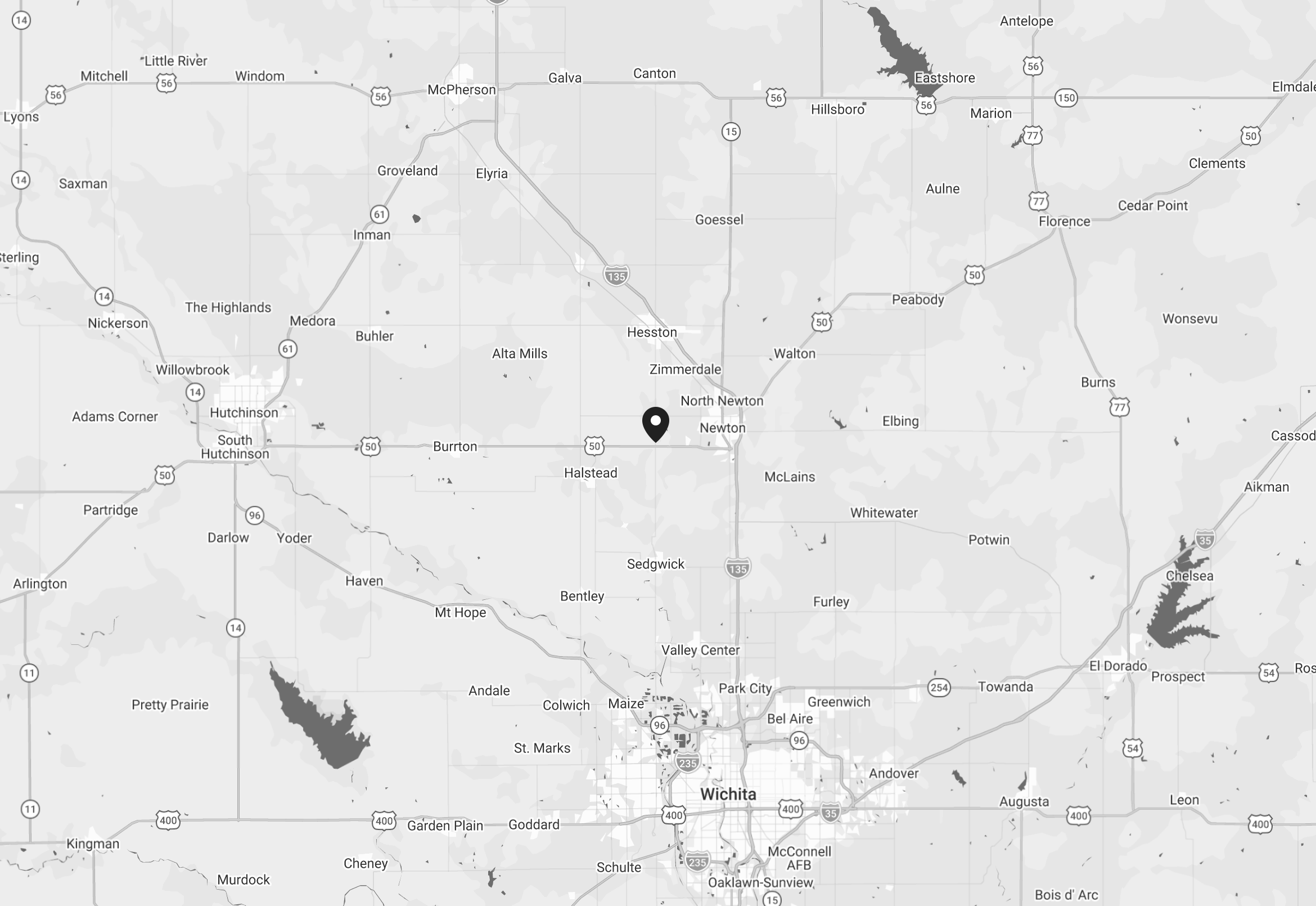 Map showing areas around Wichita, Kansas, including nearby cities like Hutchinson, Salina, and Emporia, with highways and roads.