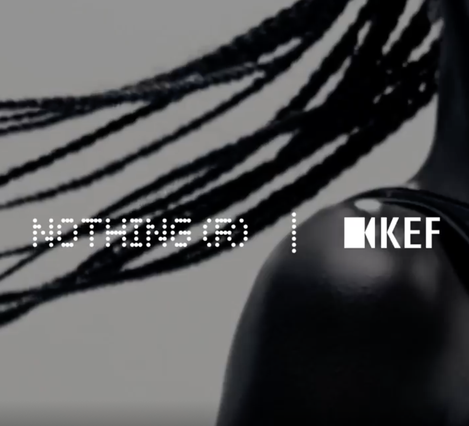 Black and white image of the Nothing and KEF logos overlay against an image of someone's shoulder and their braided hair 