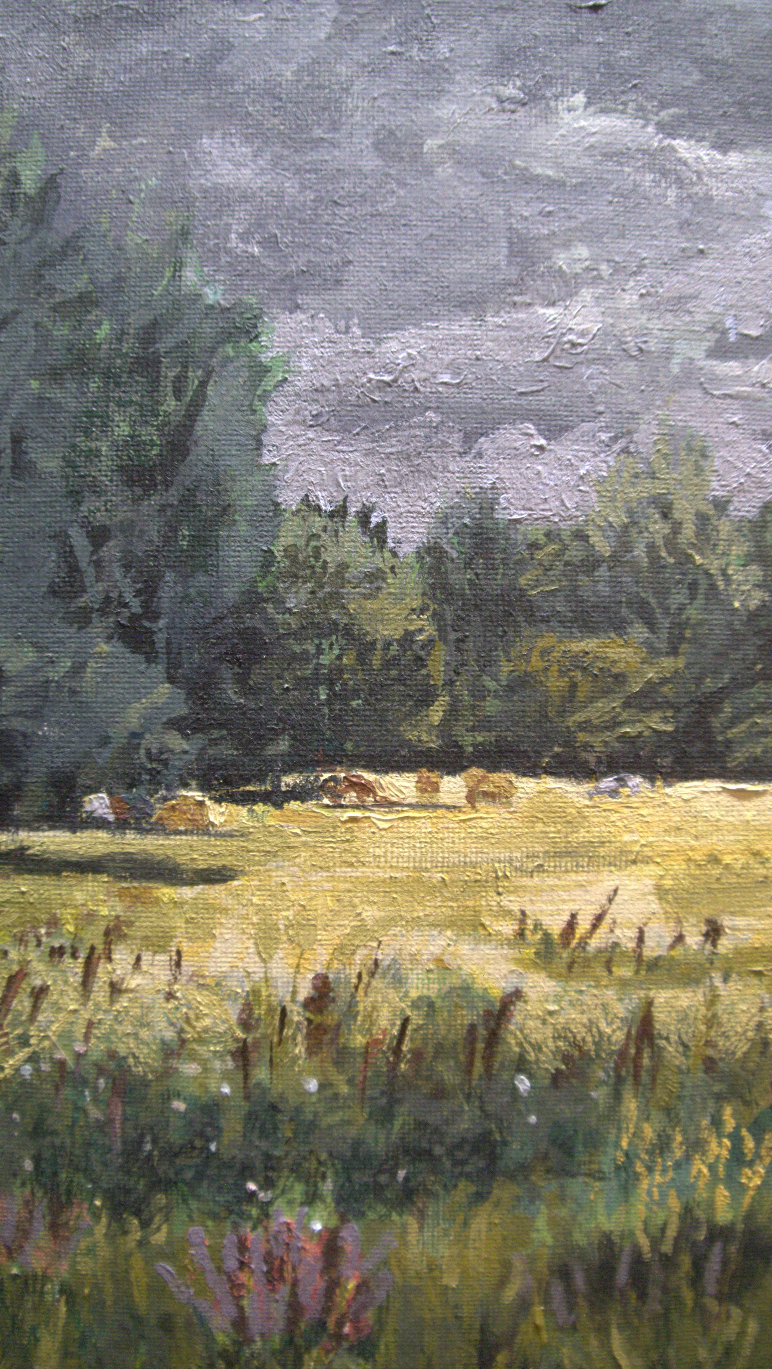A landscape painting depicting a field with purple flowers in the foreground, a line of trees in the middle ground, and a cloudy sky in the background.
