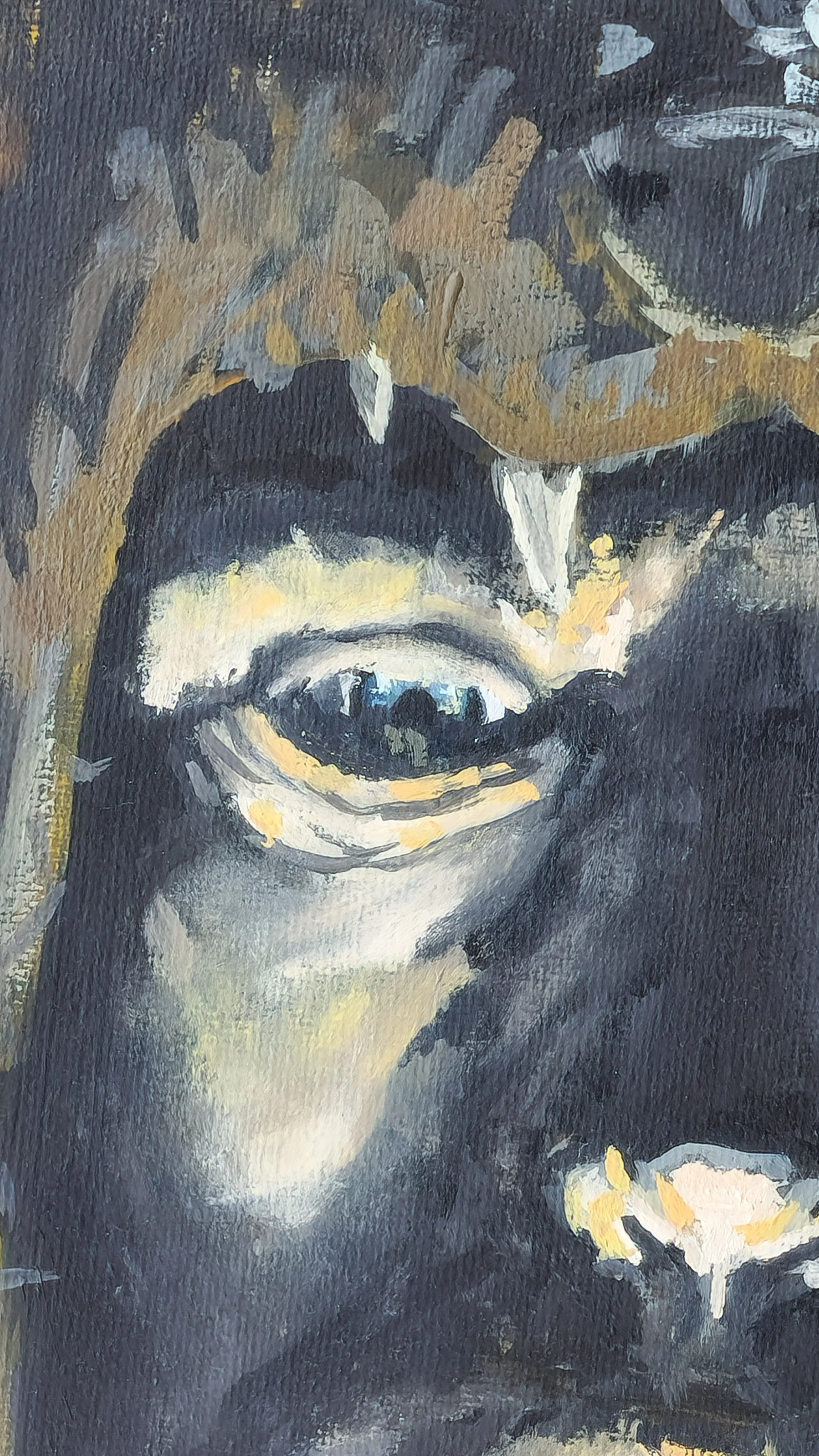 A close-up portrait of a person with glasses, painted in an expressive style with dark tones and highlights, emphasizing facial features and glasses.