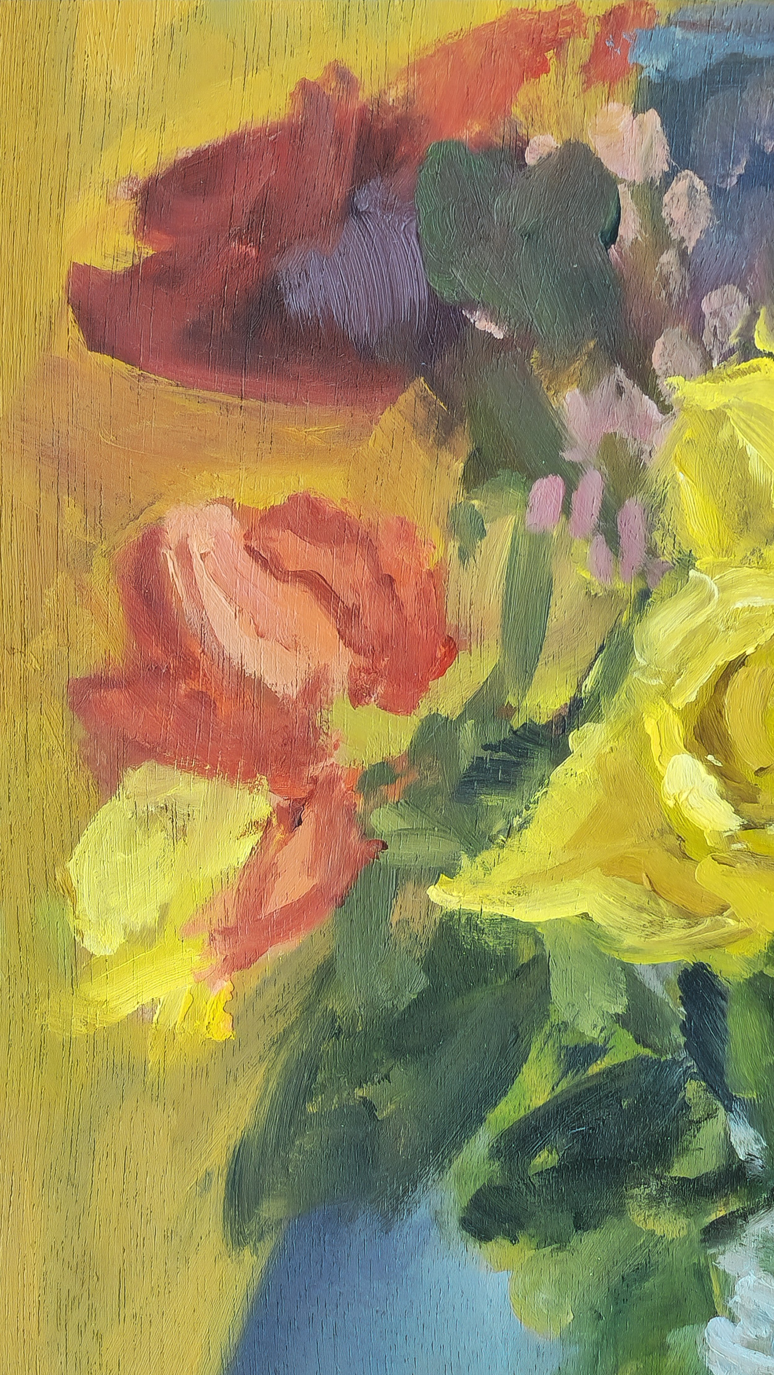 Close-up of an abstract floral painting featuring pink, purple, white, green, yellow, and blue colors with visible brushstrokes.