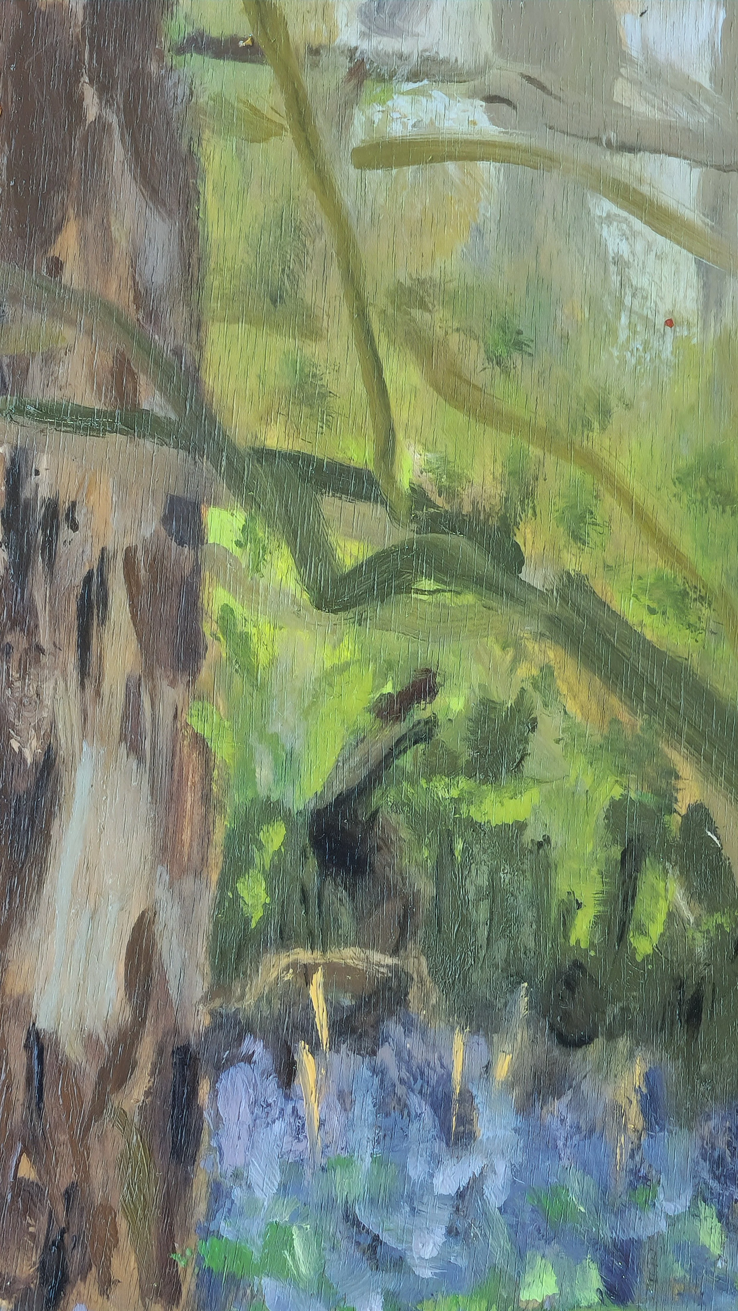 Abstract painting with green, brown, black, and blue colors blending together.