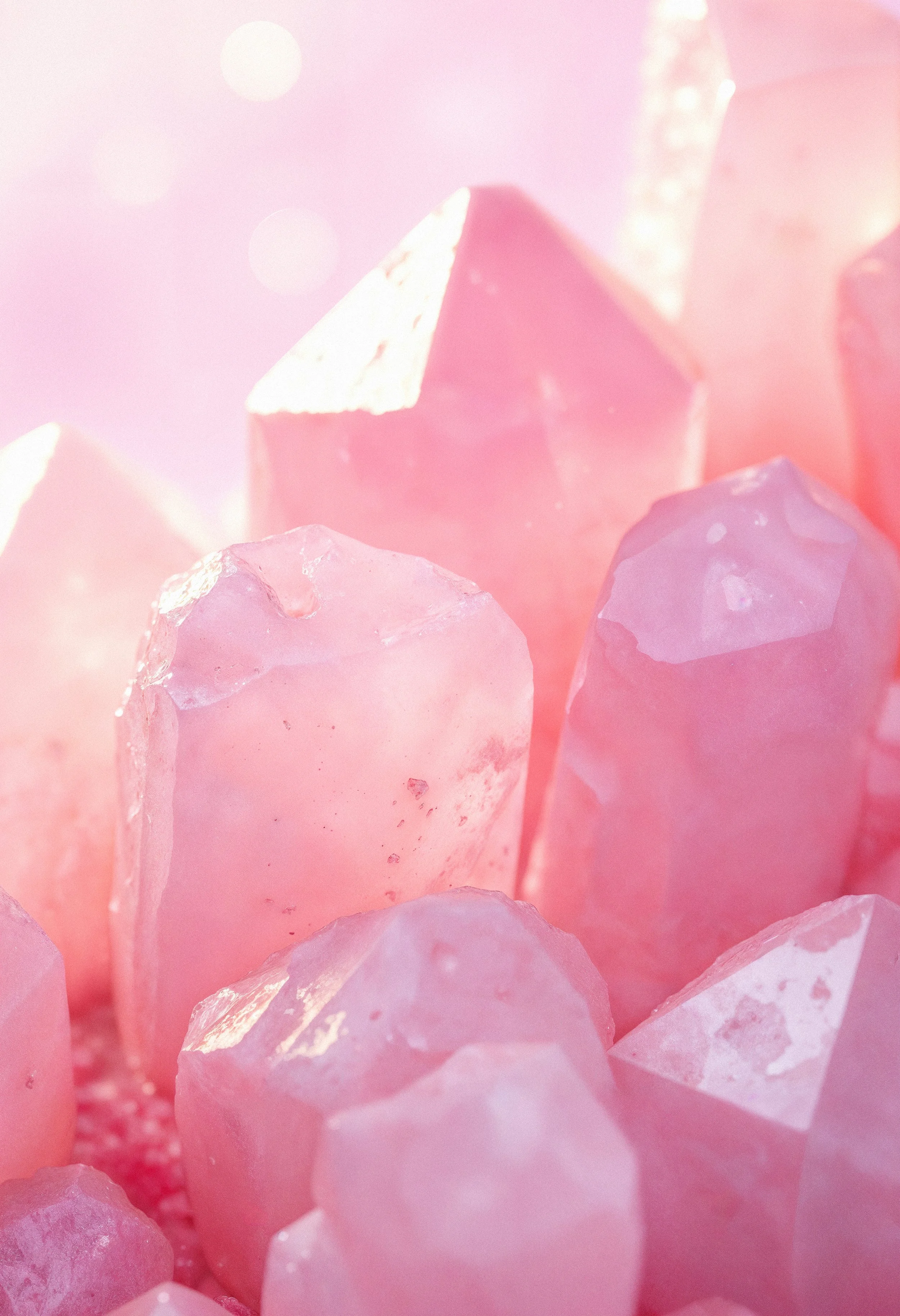 Gisements de quartz rose avec une lumière douce et un fond flou dans des nuances de rose.
