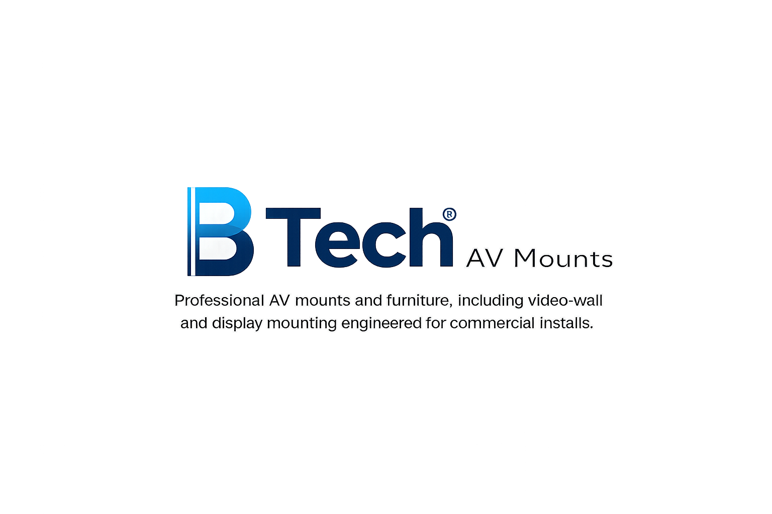 Glitched digital screen displaying the text 'B Tech AV Mounts' with additional description about professional AV mounts and furniture for commercial installs.