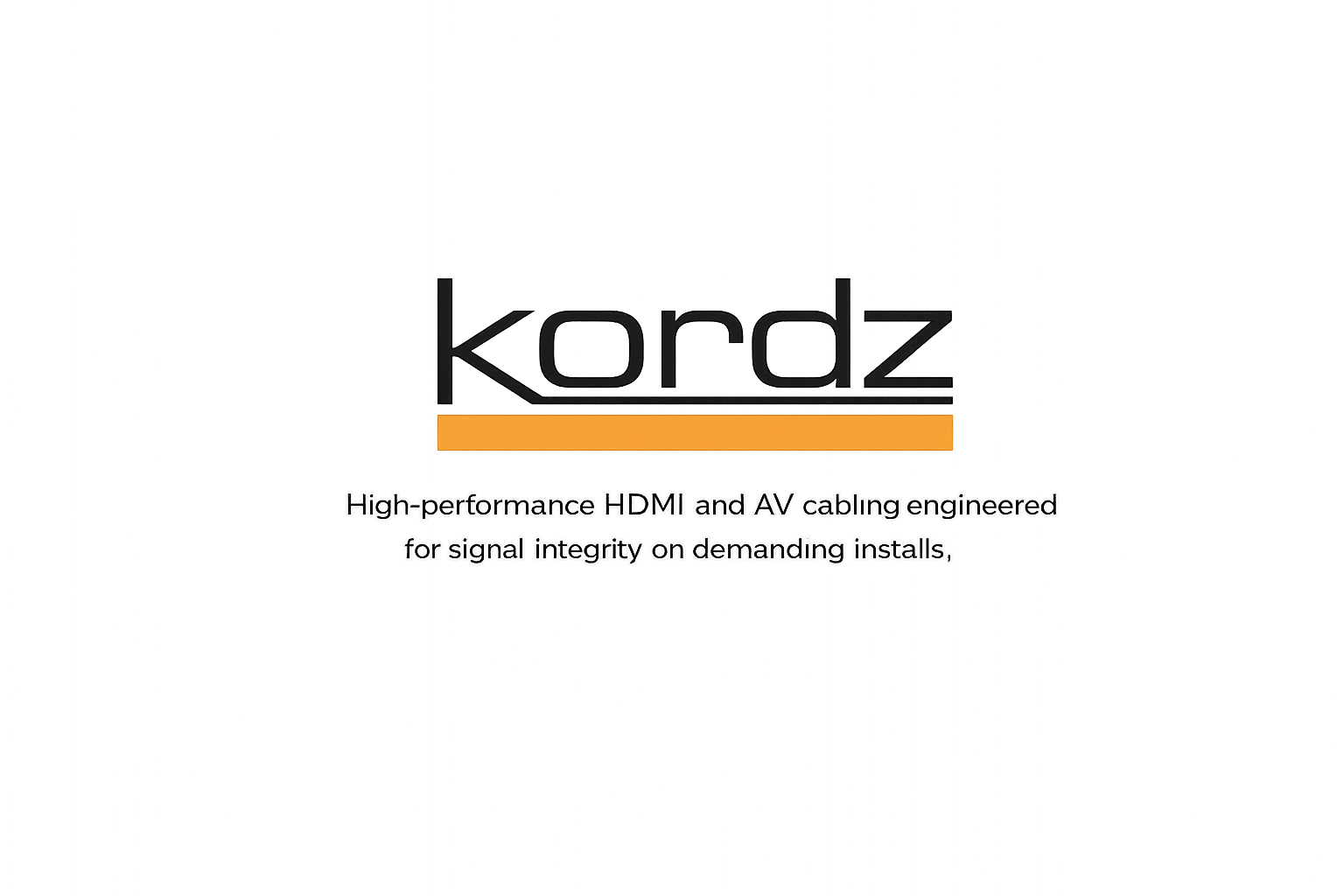 Glitched and distorted image featuring the text "kordz" and a caption that reads "High-performance HDMI and AV cabling engineered for signal integrity on demanding installs."