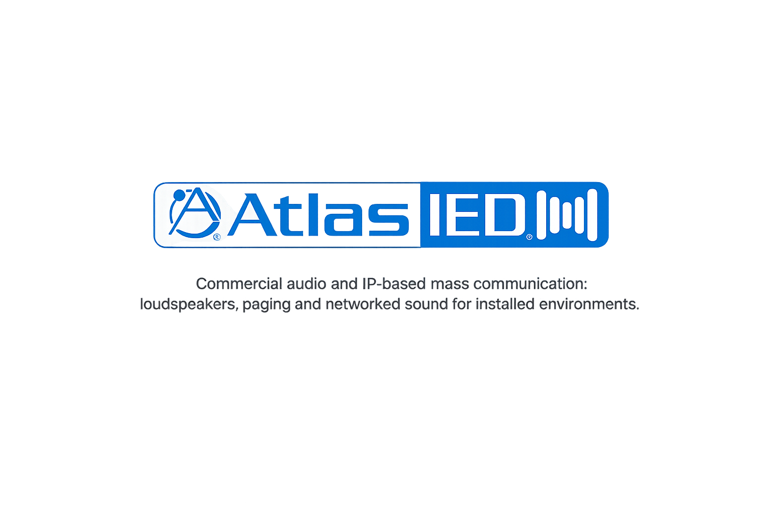 A sign for Atlas IED, a company specializing in commercial audio and IP-based mass communication systems, including loudspeakers, paging, and networked sound for installed environments.