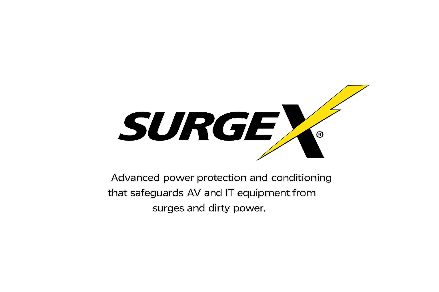 Black background with the word 'SURGE' in white text and a large yellow lightning bolt crossing the letter X. Below, white text reads 'Advanced power protection and conditioning that safeguards AV and IT equipment from surges and dirty power.'