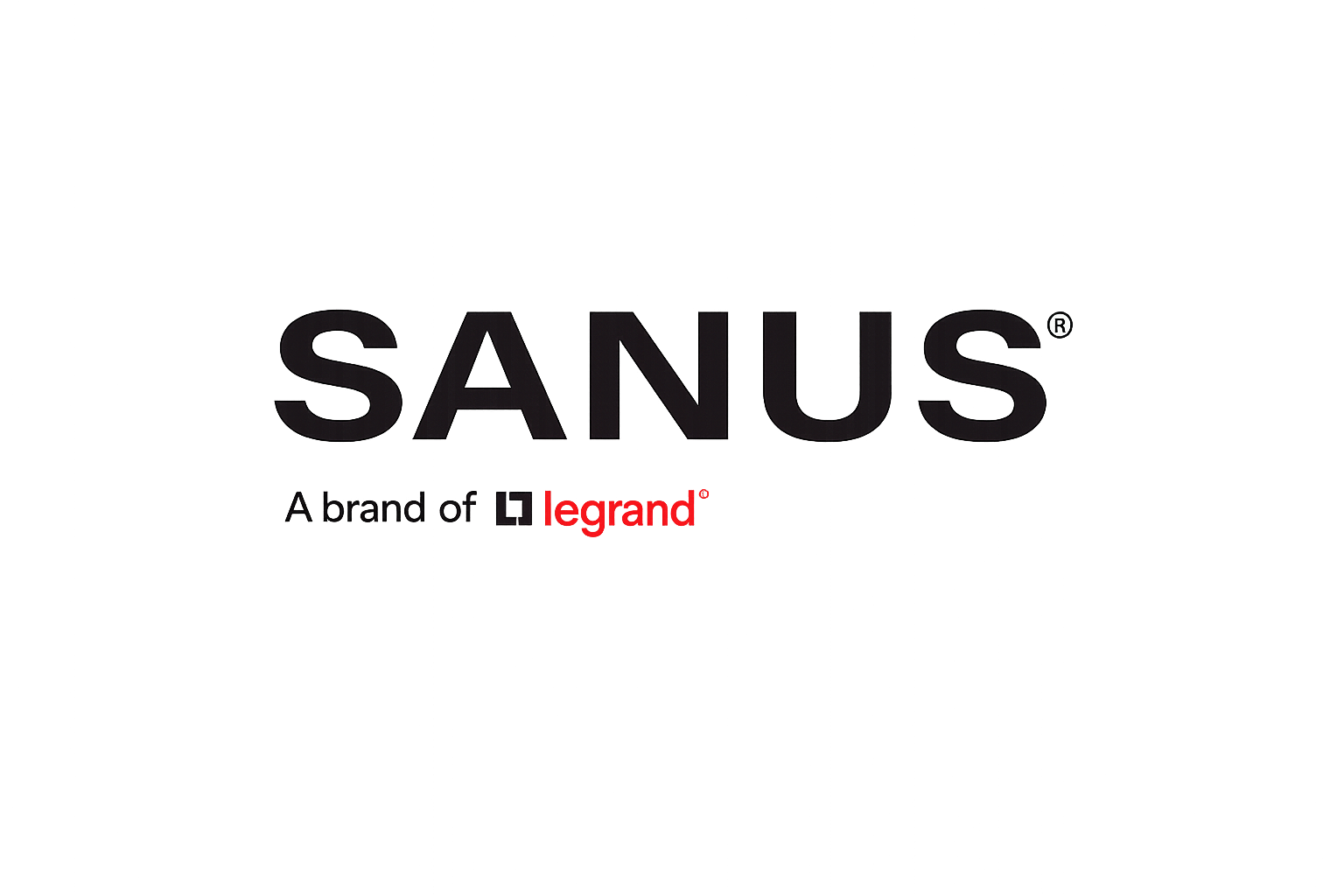 Black background with the word 'SANUS' in large black letters, and below it 'A brand of legrand' with 'legrand' in red.