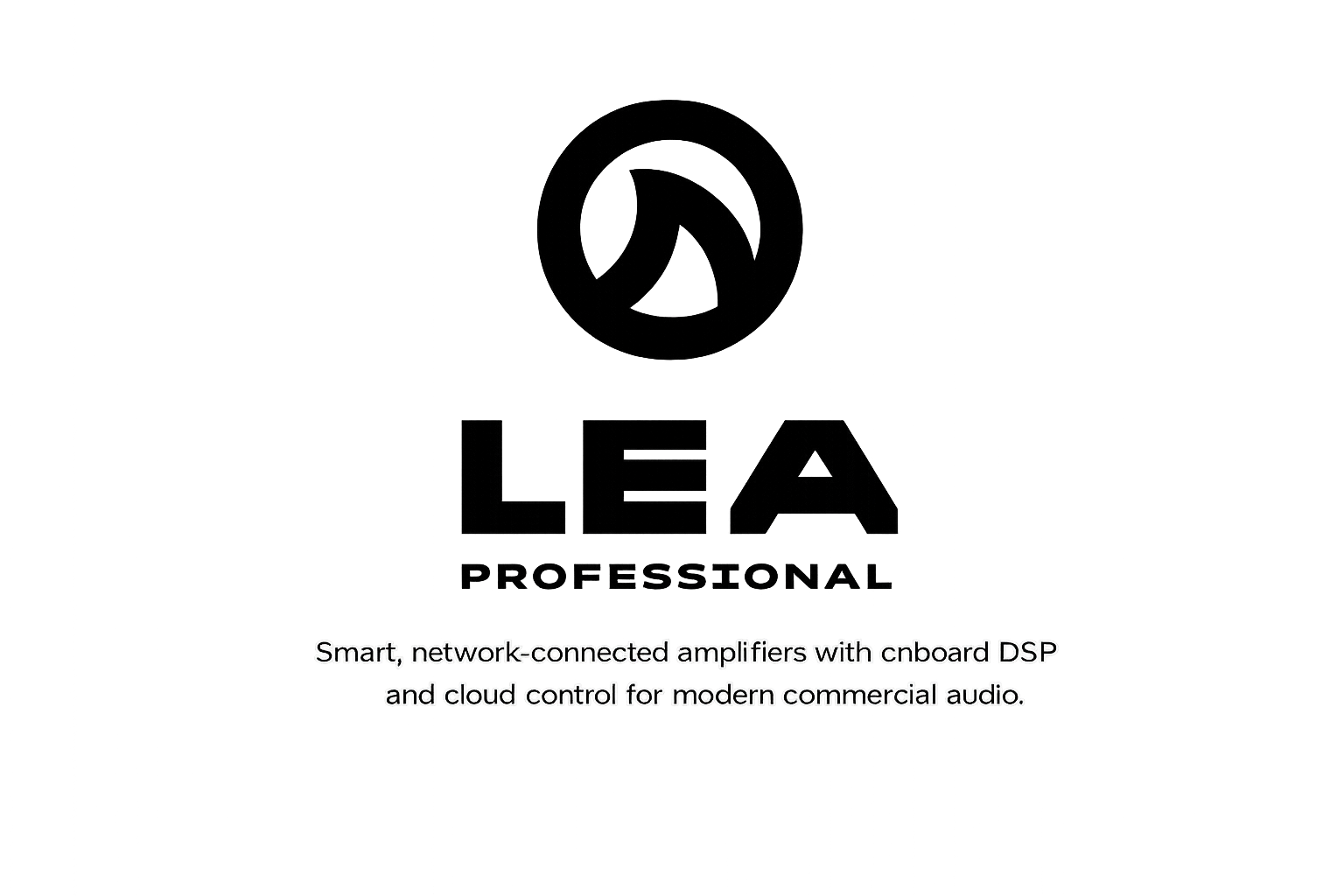 Black background with centered text and a logo. The text reads: "Smart, network-connected amplifiers with onboard DSP and cloud control for modern commercial audio."
