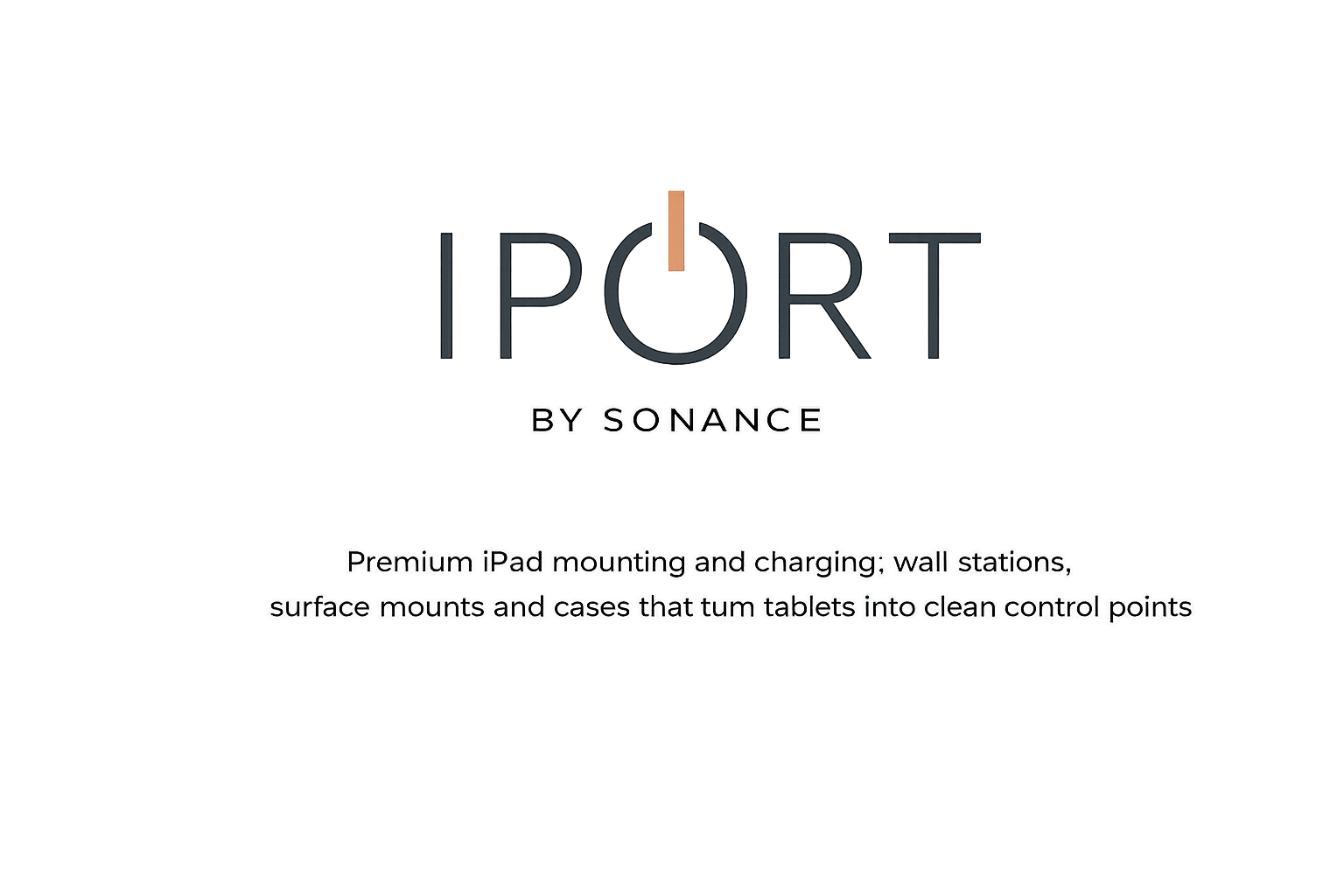 Distorted image promoting a product called PORT by SONANCE, describing premium iPad mounting and charging solutions, wall stations, surface mounts, and cases for tablets.