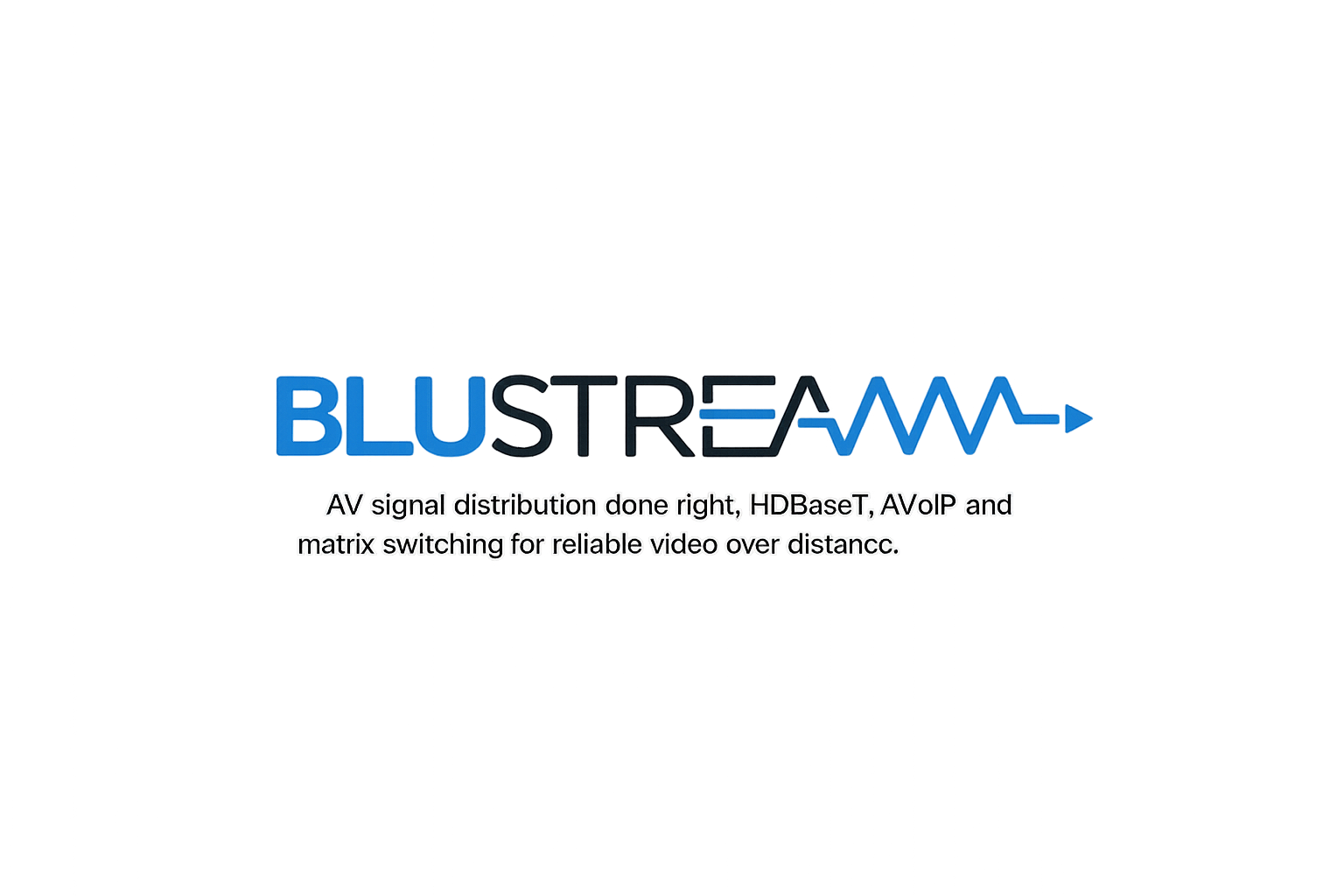 A digital graphic with the text 'BLUSTREAM' in large blue and black letters, overlaying an abstract background of colorful lines and light streaks. There is a tagline about AV signal distribution, HDBaseT, AVoIP, and matrix switching for reliable video over distance.