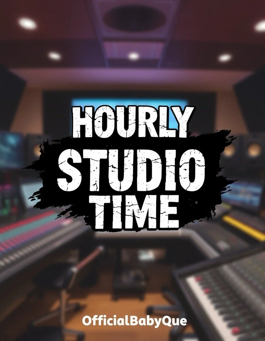 Interior of a recording studio with audio equipment, computers, and mixing consoles, overlaid with the text 'Hourly Studio Time' and 'OfficialBabyQue'.