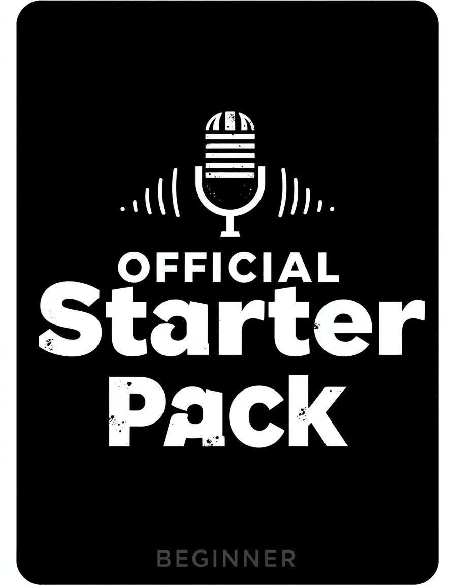 Black and white startup pack with a microphone icon and the words "Official Starter Pack" and "Beginner".