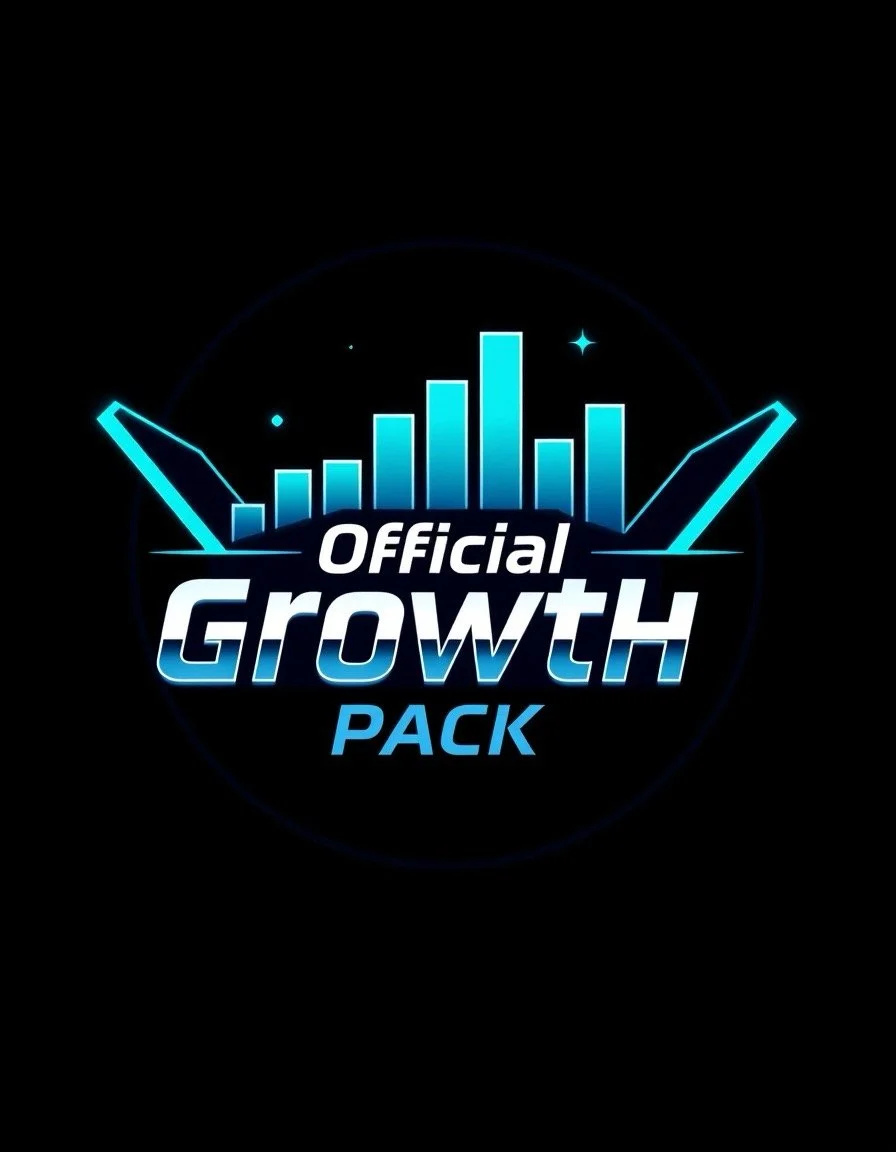 A neon-style graphic featuring a rising bar chart, sparkles, and the words 'Official Growth Pack' in bold, futuristic font on a black background.