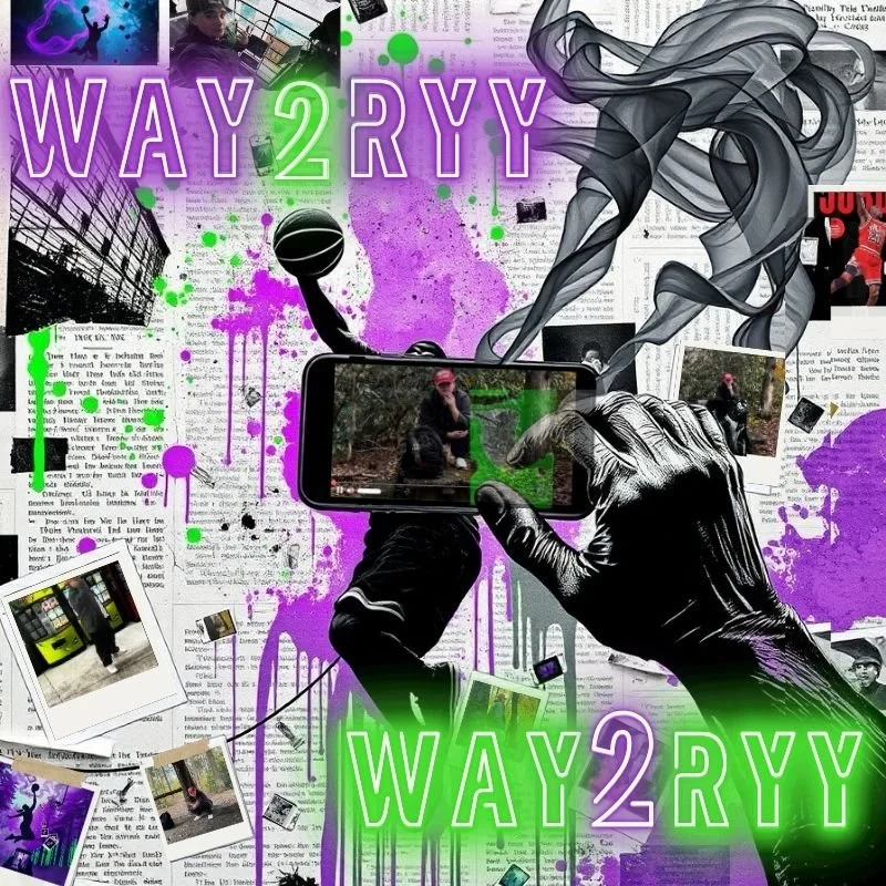 A collage-style digital artwork featuring a person taking a photo with a smartphone, surrounded by colorful splashes, graffiti-style text reading "WAY 2 RY" twice, and various photographs and newspaper clippings.