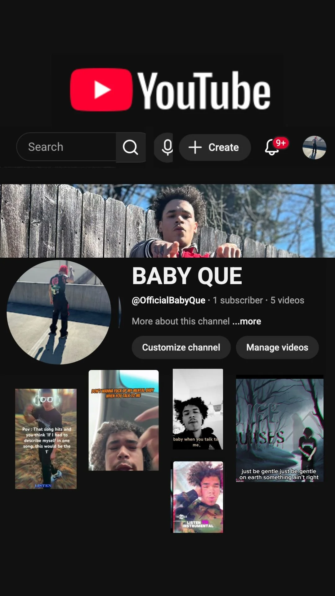 A screenshot of a YouTube channel page for Baby Que, featuring a profile picture of a person standing on a rooftop, and several video thumbnails showing young individuals, some with animated or artistic backgrounds.