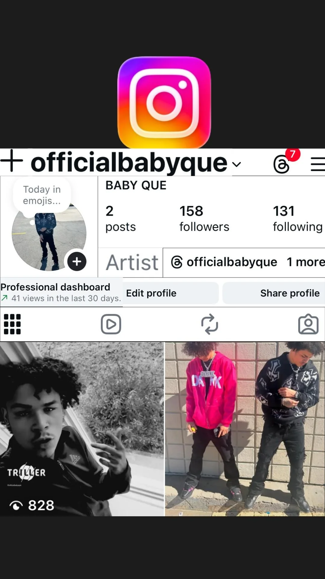 Instagram profile of user 'officialbabyque' with 2 posts, 158 followers, and following 131 people. The bio is 'Artist.' The profile includes pictures of three young people, two standing against a brick wall, one in a bright pink hoodie and the other in a black and white hoodie, and the third in a black jacket making a gesture with his hand.