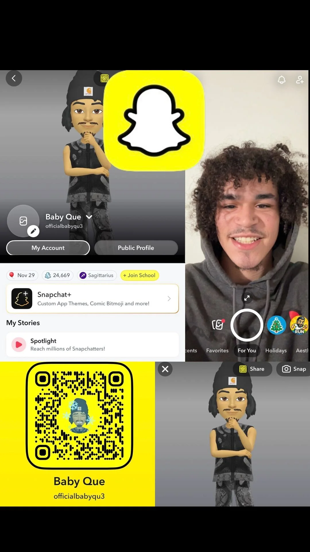Screenshot of a TikTok profile named Baby Que with a cartoon avatar, QR code, and a person smiling. The profile shows the username 'officialbabyqu3' and includes options like 'Join School' and Snapchat link.