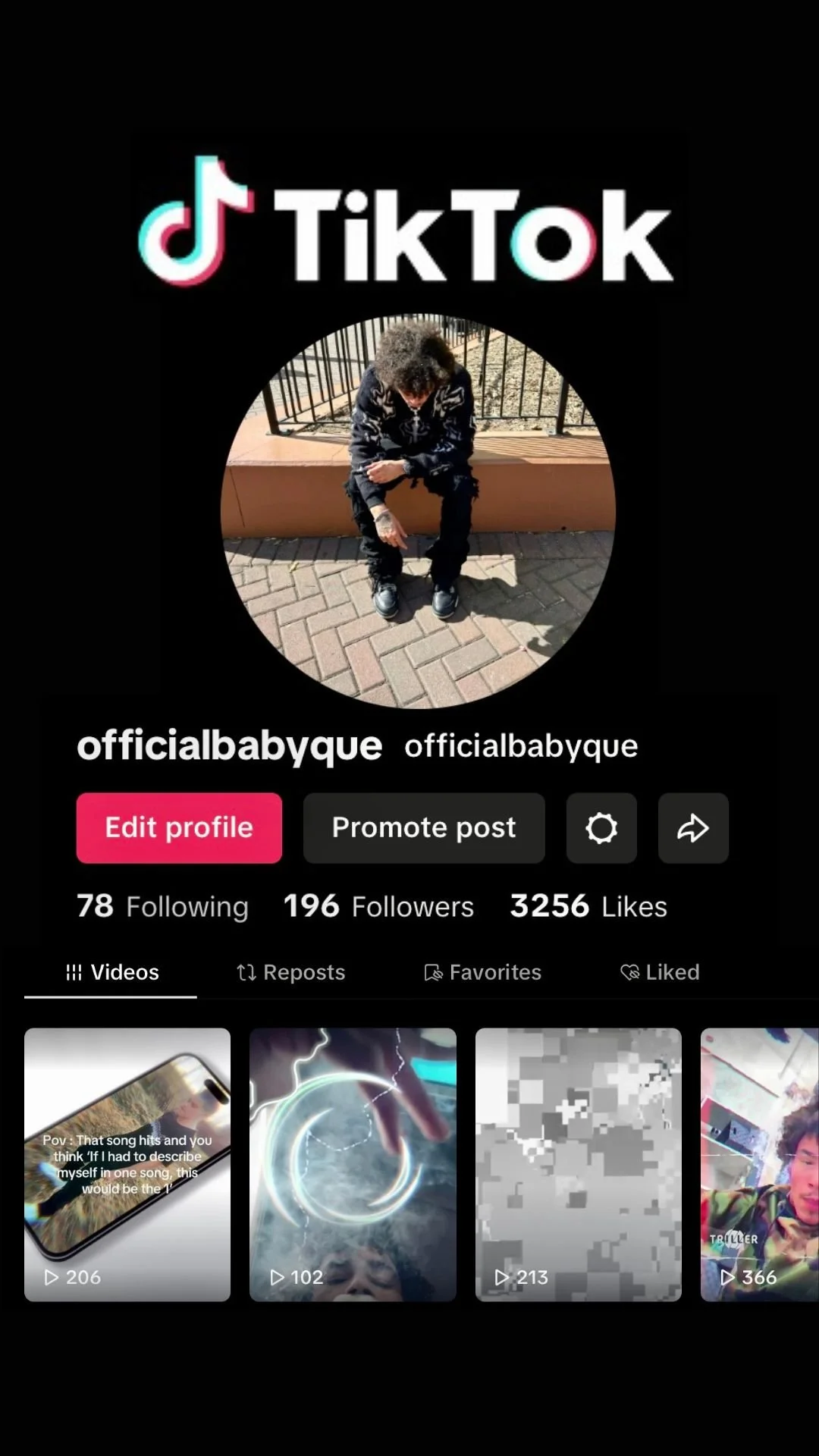 TikTok profile page for user @officialbabyque featuring a young person with curly hair sitting outside, with options to edit profile, promote post, and view videos.