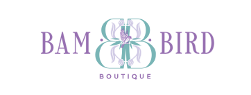 purple and green logo for bam bird boutique