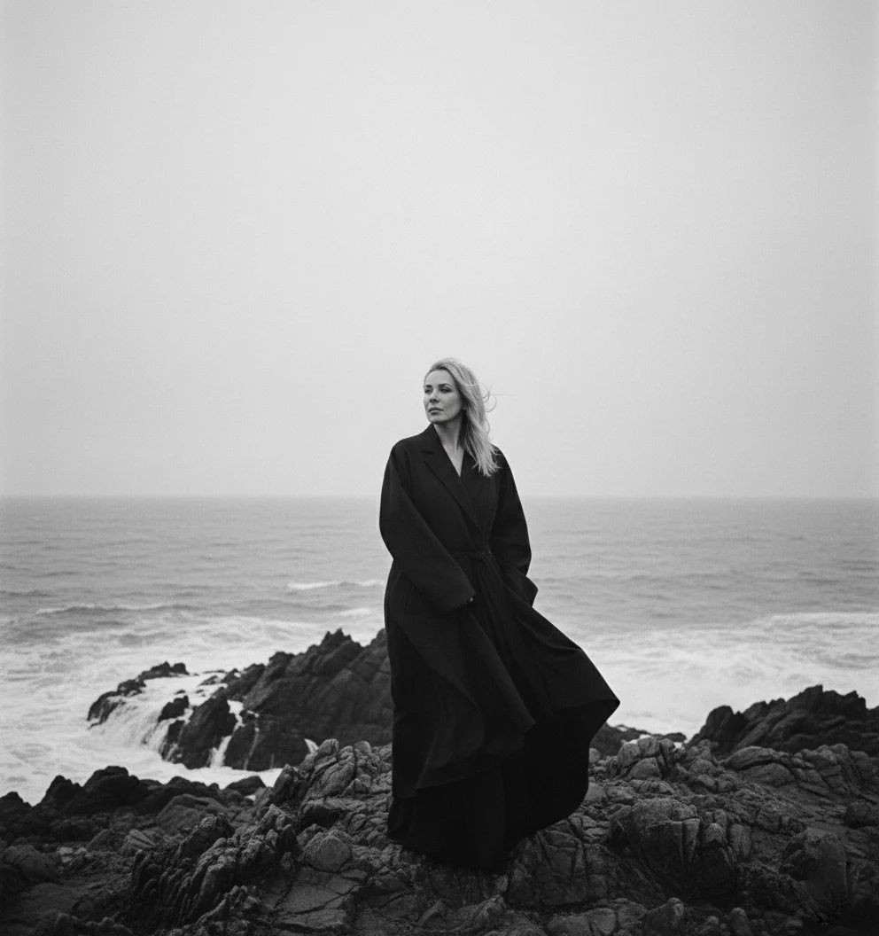 A woman standing on rocks near the ocean, dressed in a long dark coat, with the wind blowing her hair, looking to her left, in black and white.