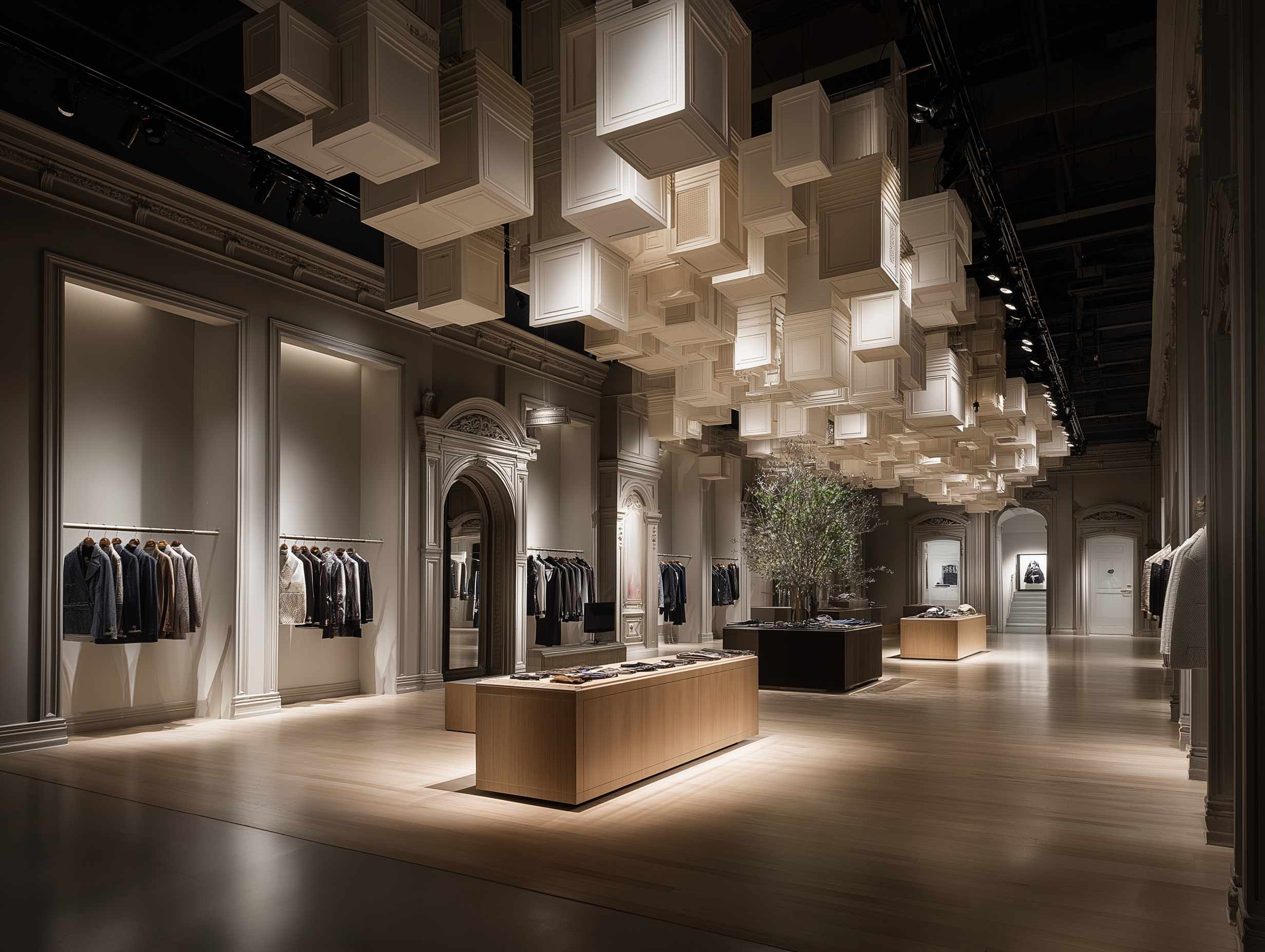 An elegant clothing store with racks of men's and women's apparel, decorative wall moldings, a large mirror, and a ceiling installation of numerous white 3D cubic forms. There are two display tables, a potted tree, and framed black-and-white artwork 