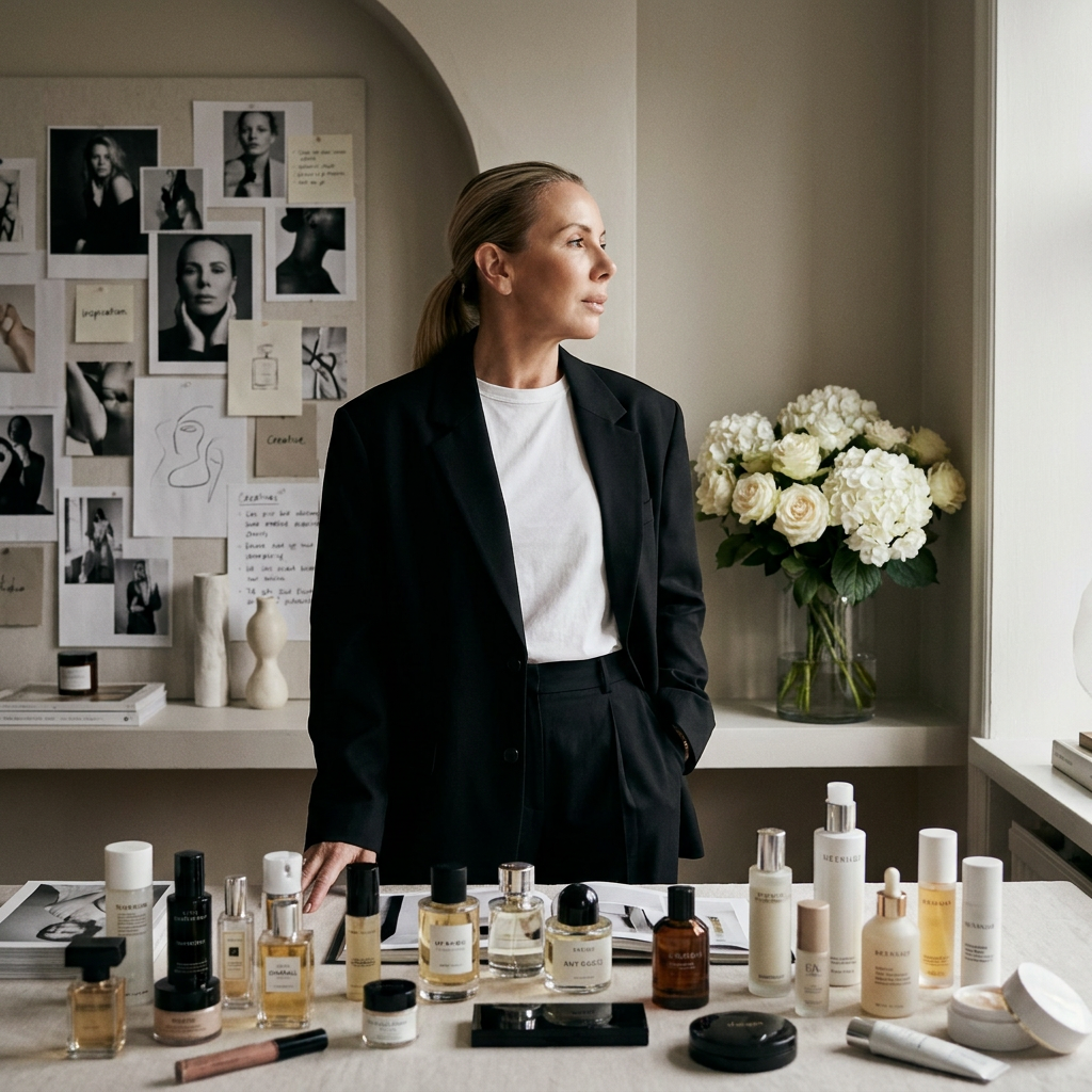 A woman in a black blazer and white shirt standing behind a table with skincare and beauty products, looking out a window, with a collage of photos and sketches on the wall behind her and a vase of white flowers nearby.