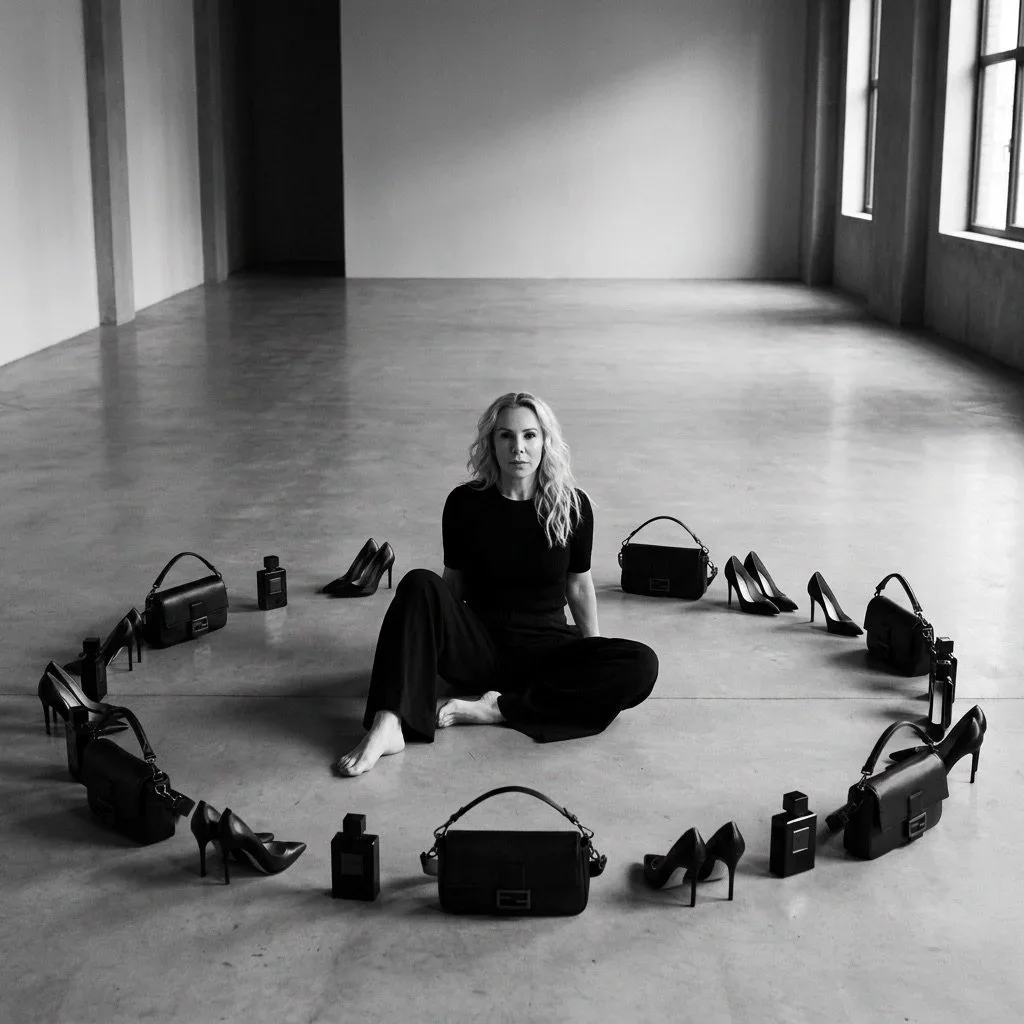 A woman sits on the floor in a spacious empty room, surrounded by pairs of high-heeled shoes, handbags, and perfume bottles arranged in a circle around her.