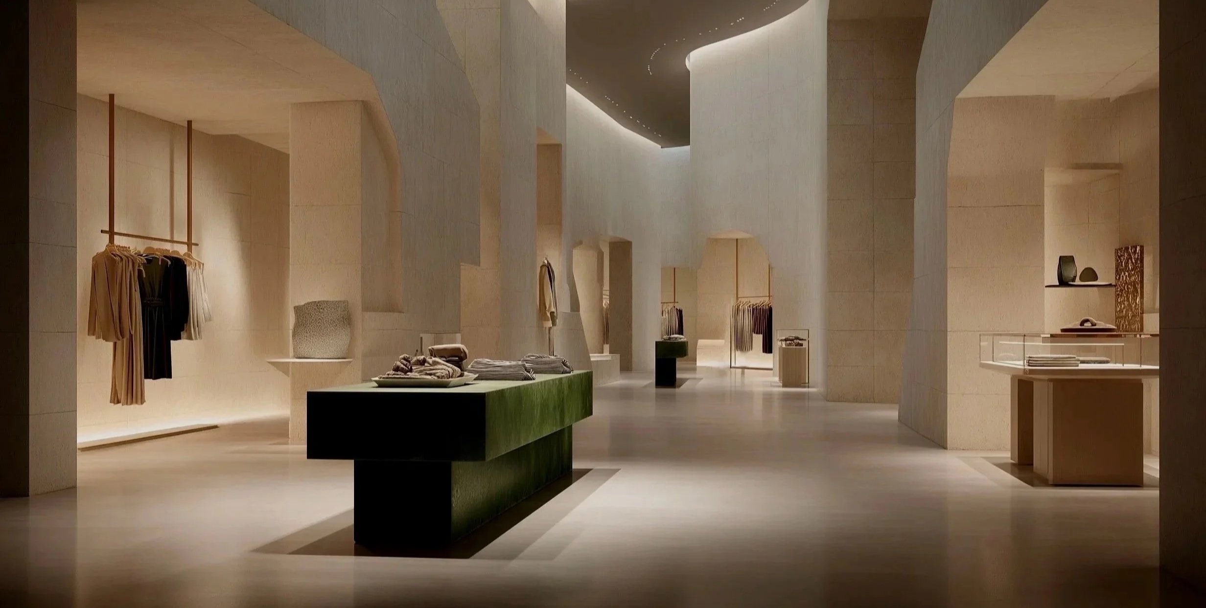 A modern clothing store interior with beige walls, minimalist displays, hanging garments, folded clothes on a central green table, and decorative objects on shelves.