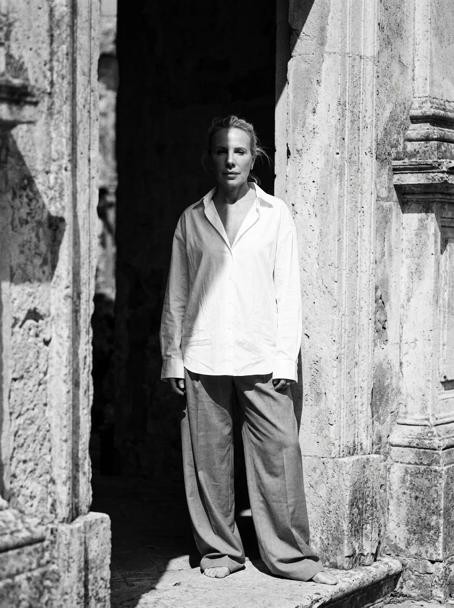 A black and white photo of a woman standing on a stone ledge amid ancient ruins, wearing a loose white shirt and wide-legged pants.