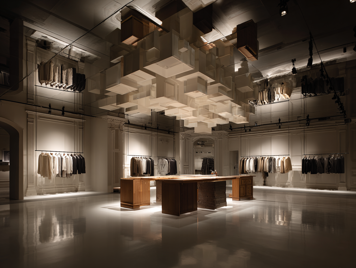 Fashion boutique with racks of clothing on walls, wooden tables in center, and suspended ceiling decor in a spacious, elegant setting.
