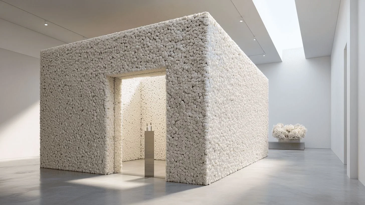 Minimalist art installation resembling a small house or room, covered in white flowers or petals, with an open entrance and a pedestal inside, in a bright gallery space with white walls and floor.