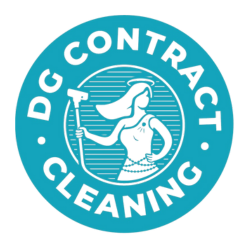 Circular logo in blue with a girl sweeping, with the text 'DC CONTRACT CLEANING' around the image.
