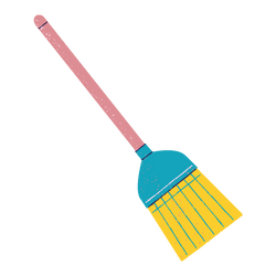 A cleaning brush with a pink handle and blue and yellow bristles