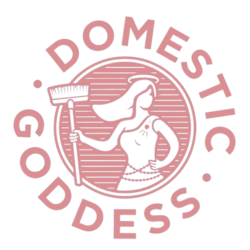 Logo with pink text reading 'Domestic Goddess' surrounding a sketch of a woman with a cleaning cloth and spray bottle.
