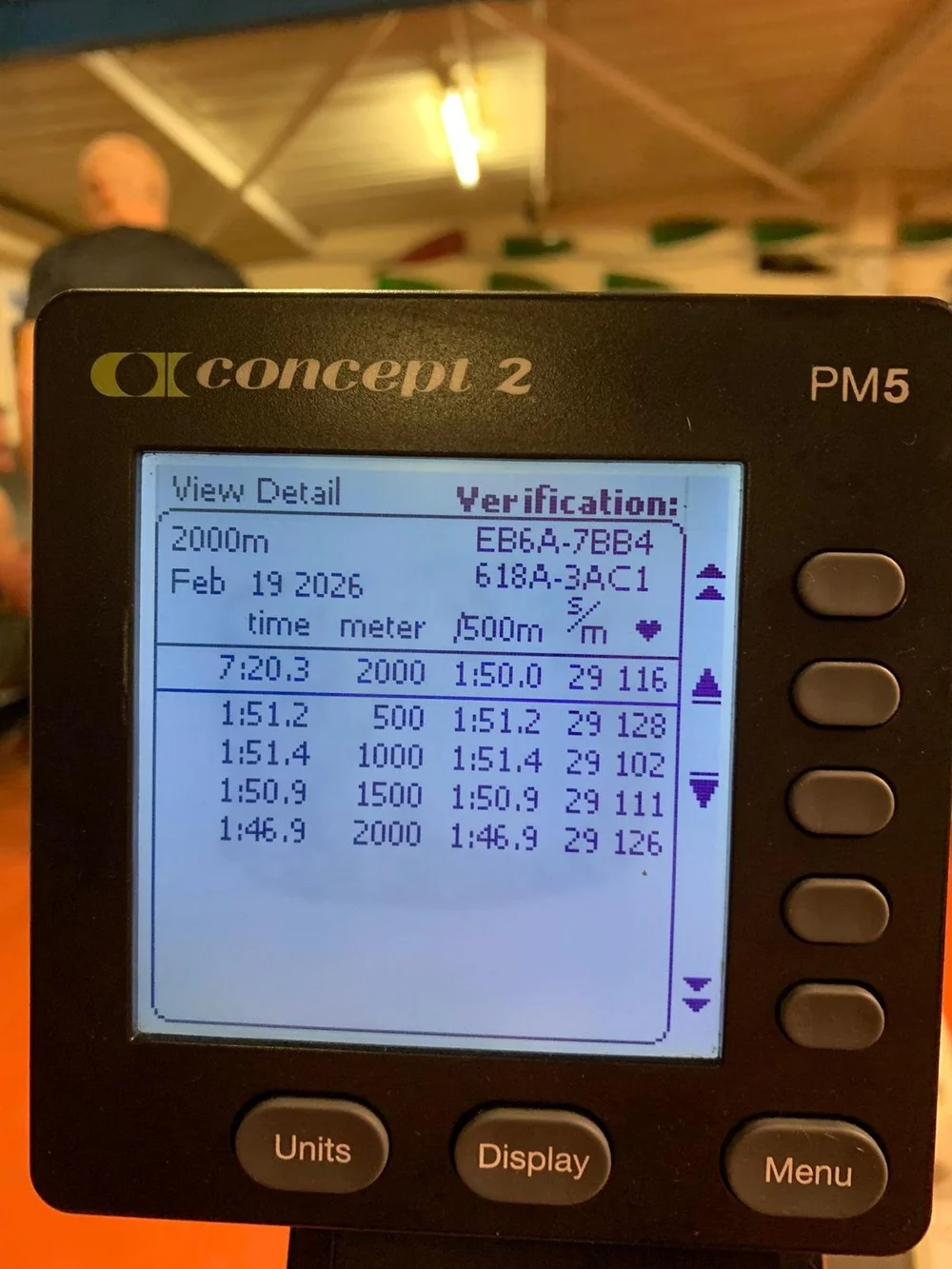 Concept2 PM5 monitor showing verified 2000m result