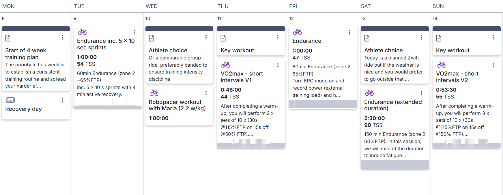 Weekly training schedule on a calendar with training activities and notes from Monday to Sunday.