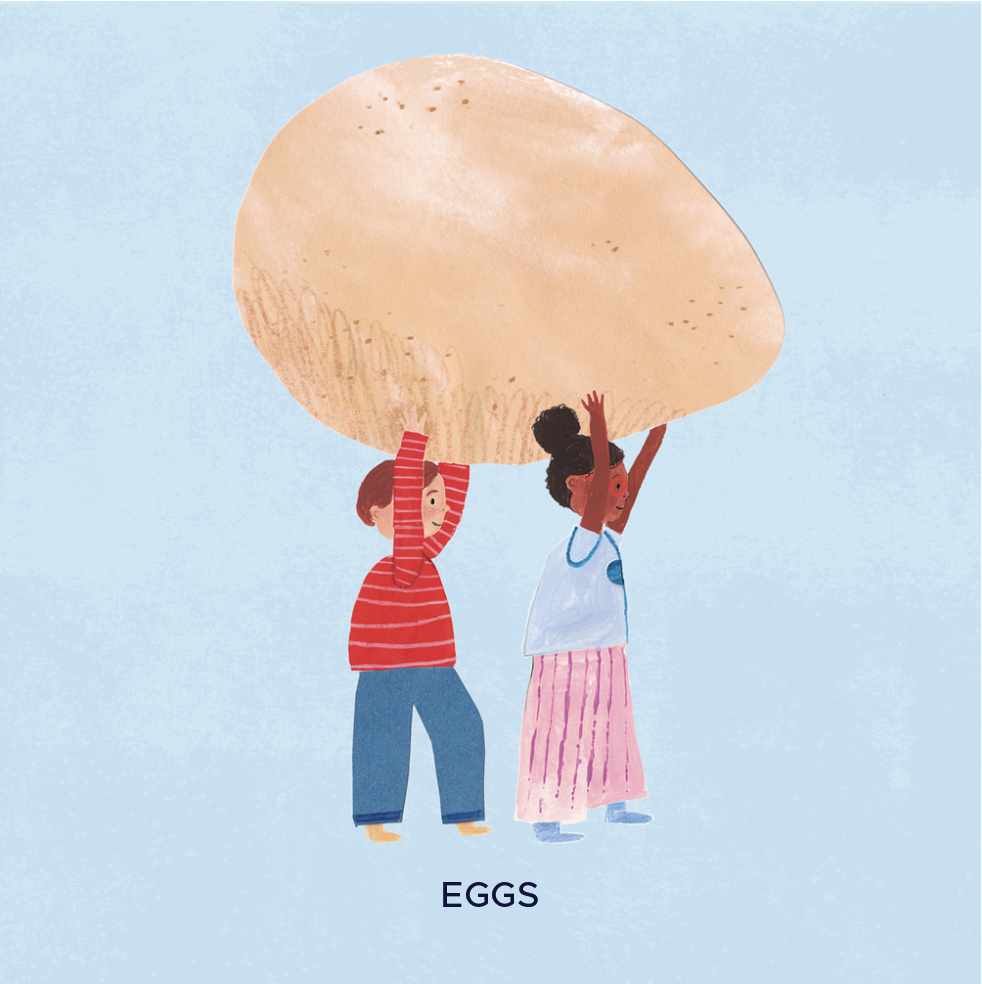 Two children carrying a large object labeled "EGGS" on their shoulders against a light blue background.