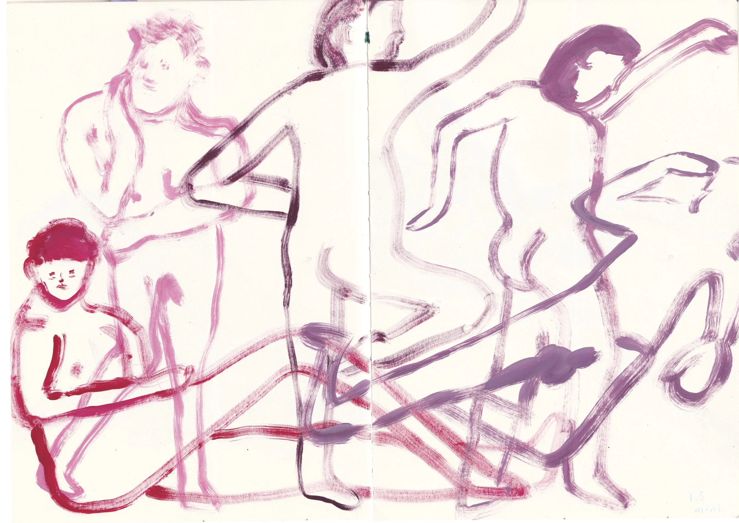 A colorful abstract drawing of four human figures, with some in pink and others in purple, depicted in various poses with expressive lines and brushstrokes.