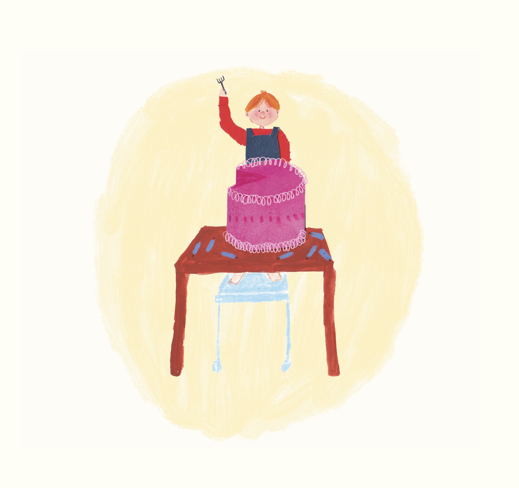 Child with red hair celebrating a birthday, standing on a blue stool behind a pink birthday cake on a red table.