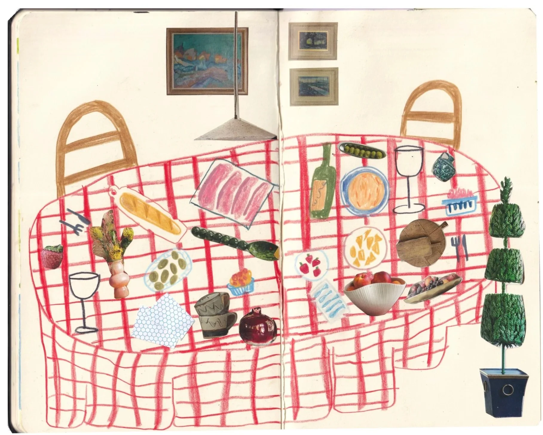 A table with a red checkered tablecloth is set for a meal, featuring drawings of food and drink items including bread, meat, vegetables, wine, and fruit, with real photographs of a bowl of apples and grapes, and a green plant in a pot in the backgrou