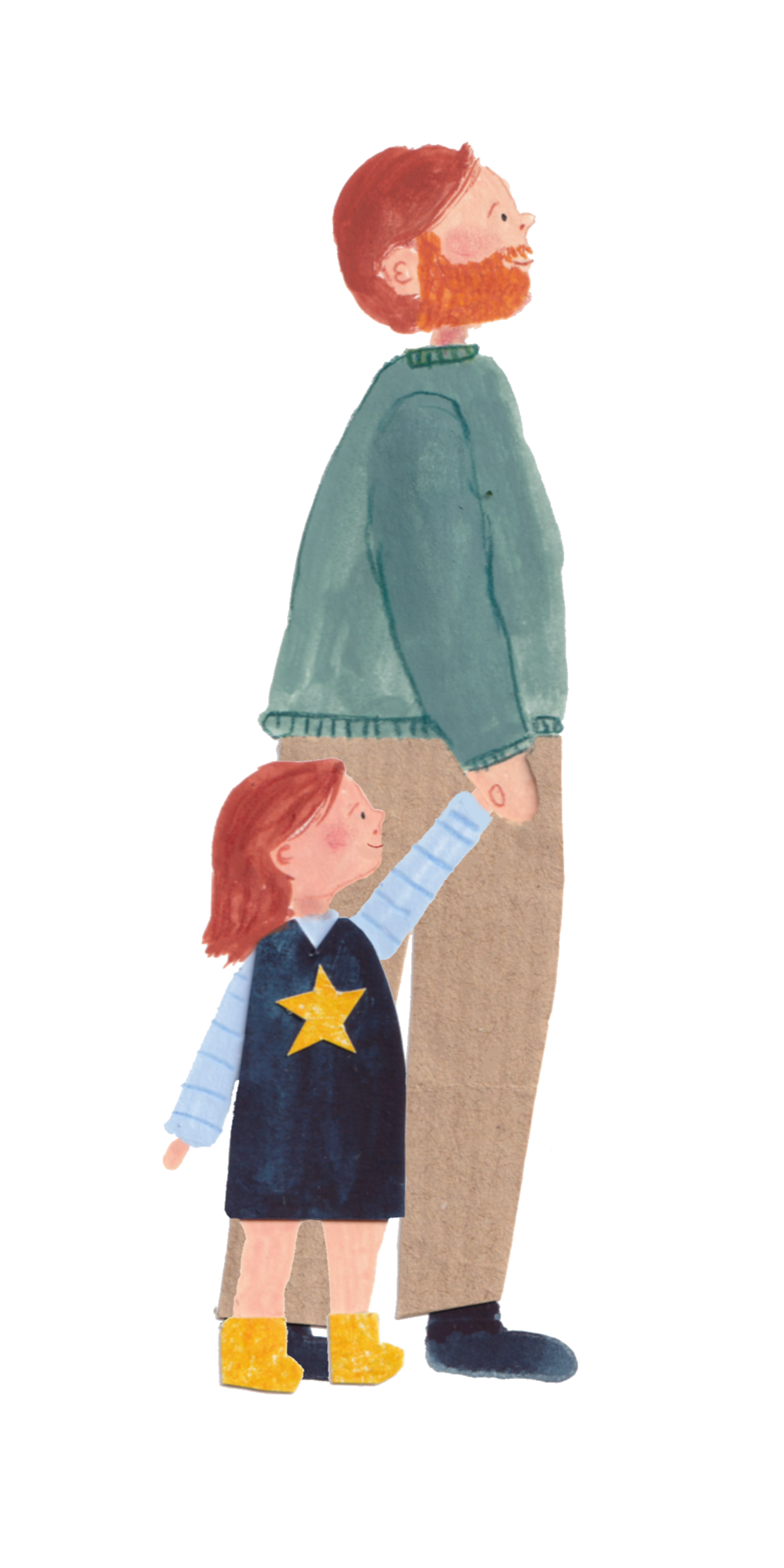 An illustration of a bearded man and a young girl holding hands, standing side by side. The man is dressed in a green jacket and beige pants, while the girl wears a blue dress with a yellow star and yellow boots.