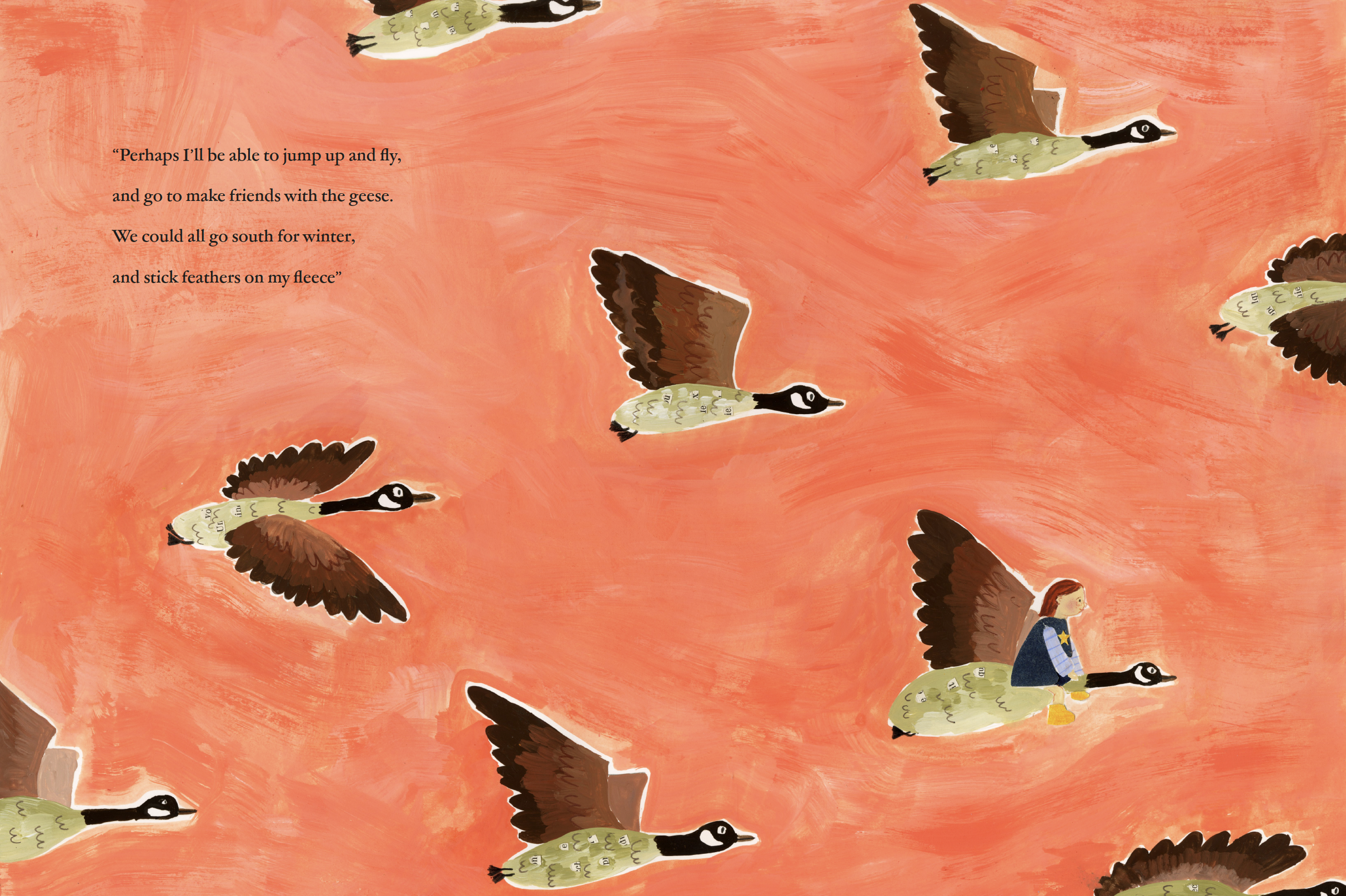 Illustration of a girl riding a goose through a sky filled with flying geese, with a pink background and a quote about flying and making friends with geese.