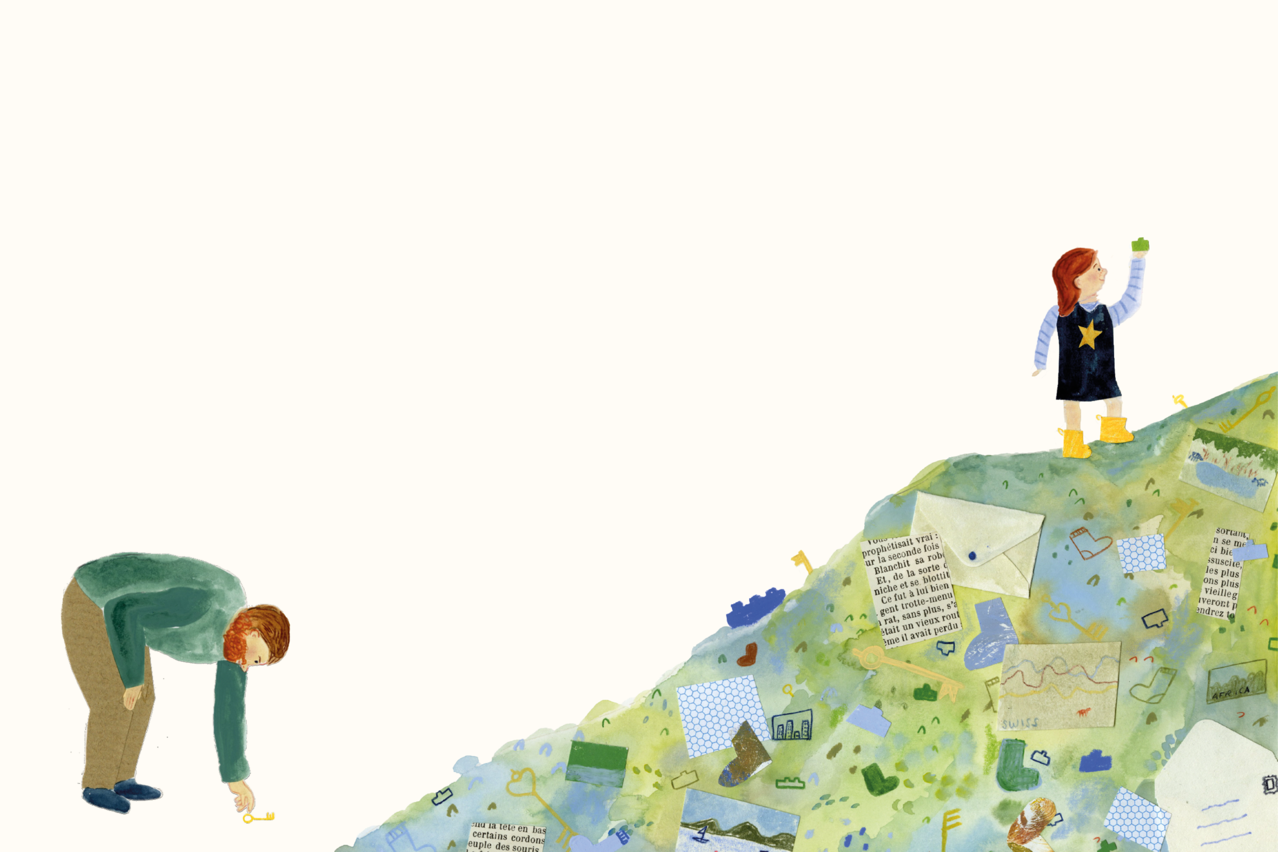 An illustration of two girls on a hill covered with scattered papers, magazine clippings, and drawings. One girl is bending down to pick up a small object, while the other girl is standing, holding up a small item, wearing yellow boots, a black vest 