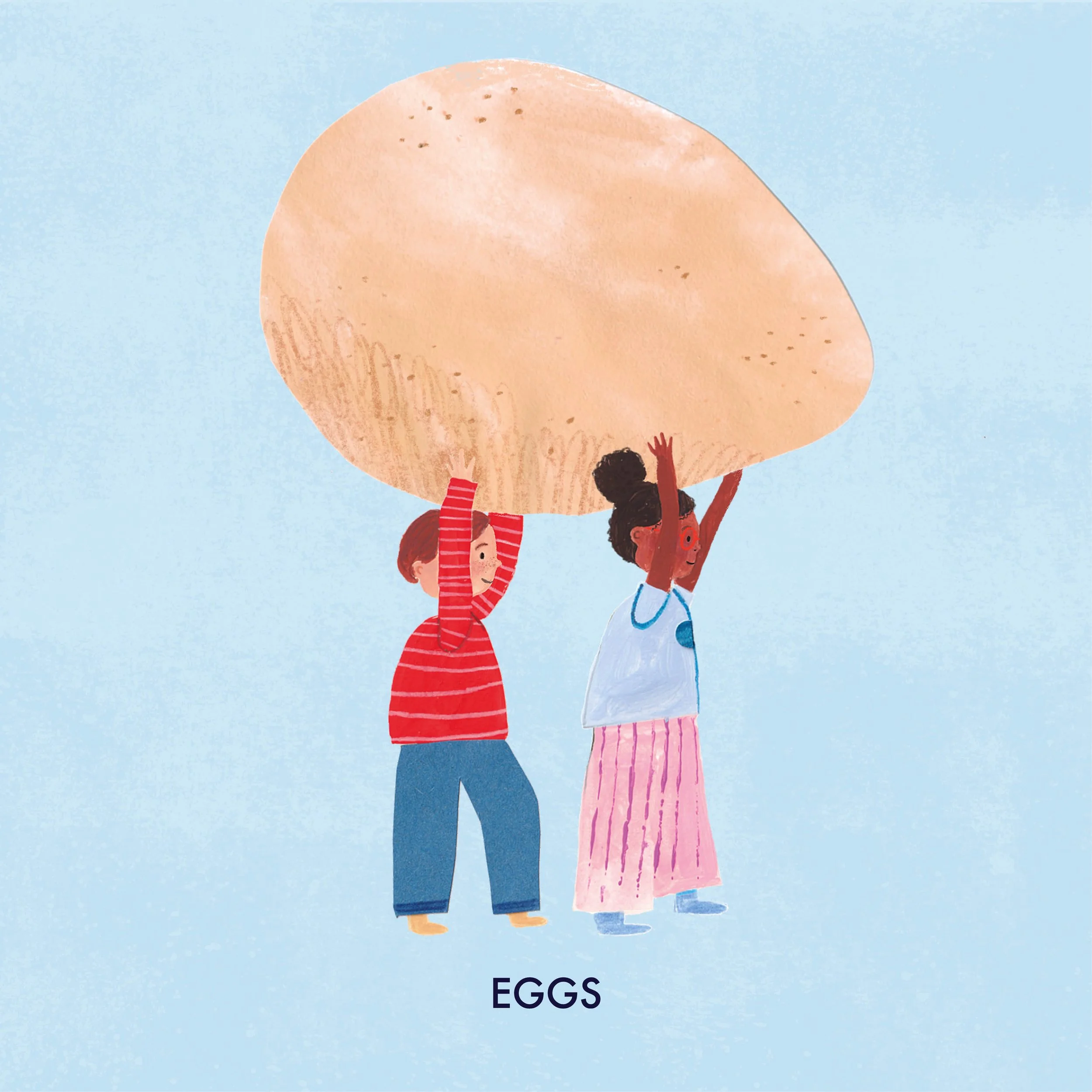 Two children carrying a large egg together against a blue background, with the word 'EGGS' at the bottom.