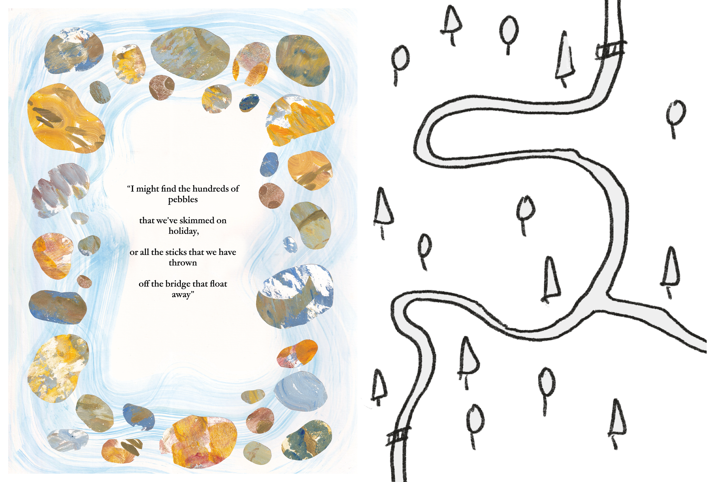 Illustration of colorful pebbles and rocks arranged around a handwritten poem about finding pebbles and sticks, with a black and white drawing of a curving river or path with small symbols along it.
