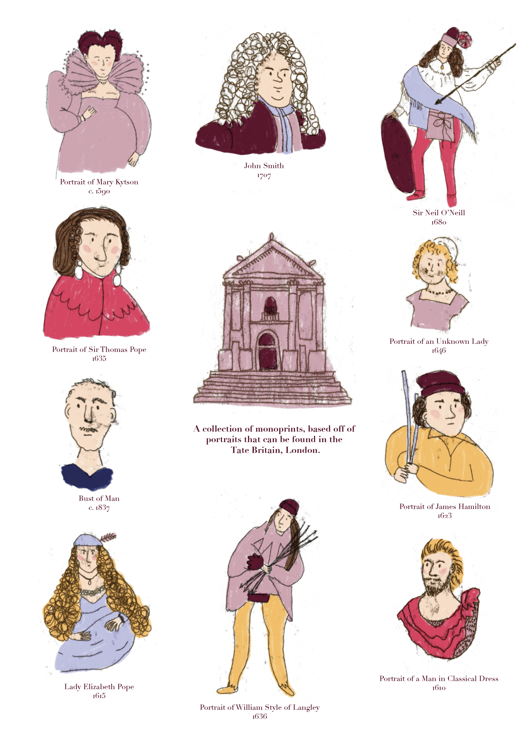 A collection of portrait sketches of historical figures and a building, based on portraits in Tate Britain, London. The sketches include a portrait of Mary Kytson, John Smith, Sir Neil O'Neill, Sir Thomas Pope, an unknown lady, a man from 1837, Lady 